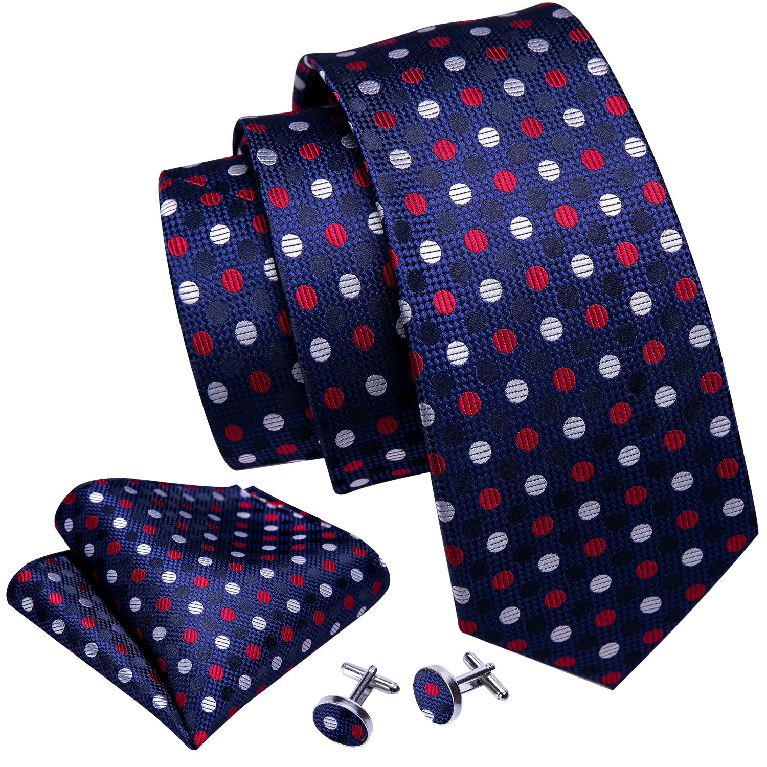 White Red Polka Dot Blue Silk Tie Hanky Cufflinks Set