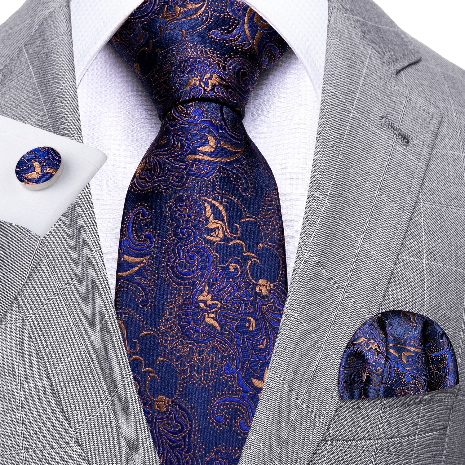 Grey Suit White Shirt Blue Tie Brown pattern 