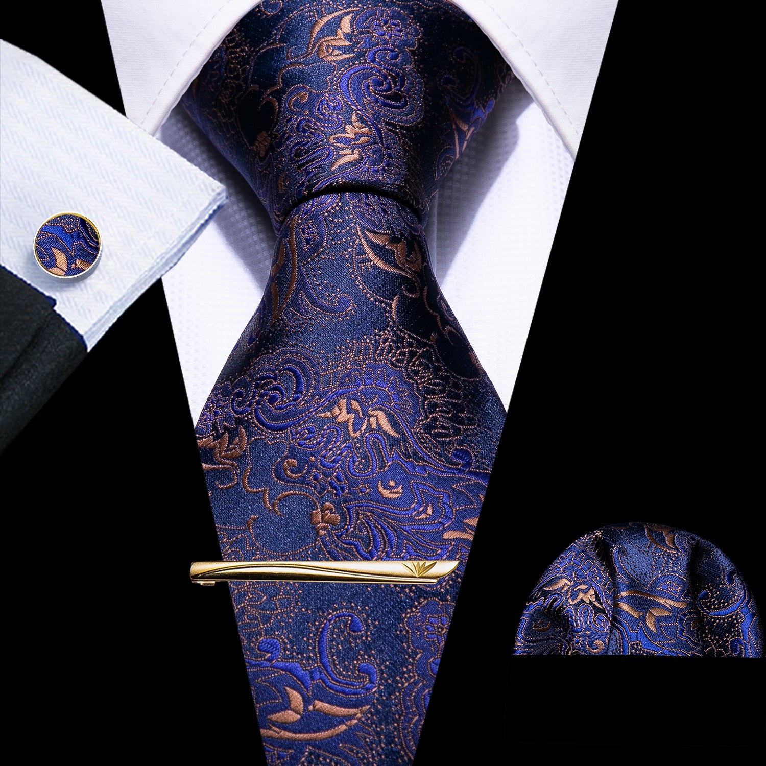 4PCS Blue Paisley Silk Tie Hanky Cufflinks Tie Clip Set