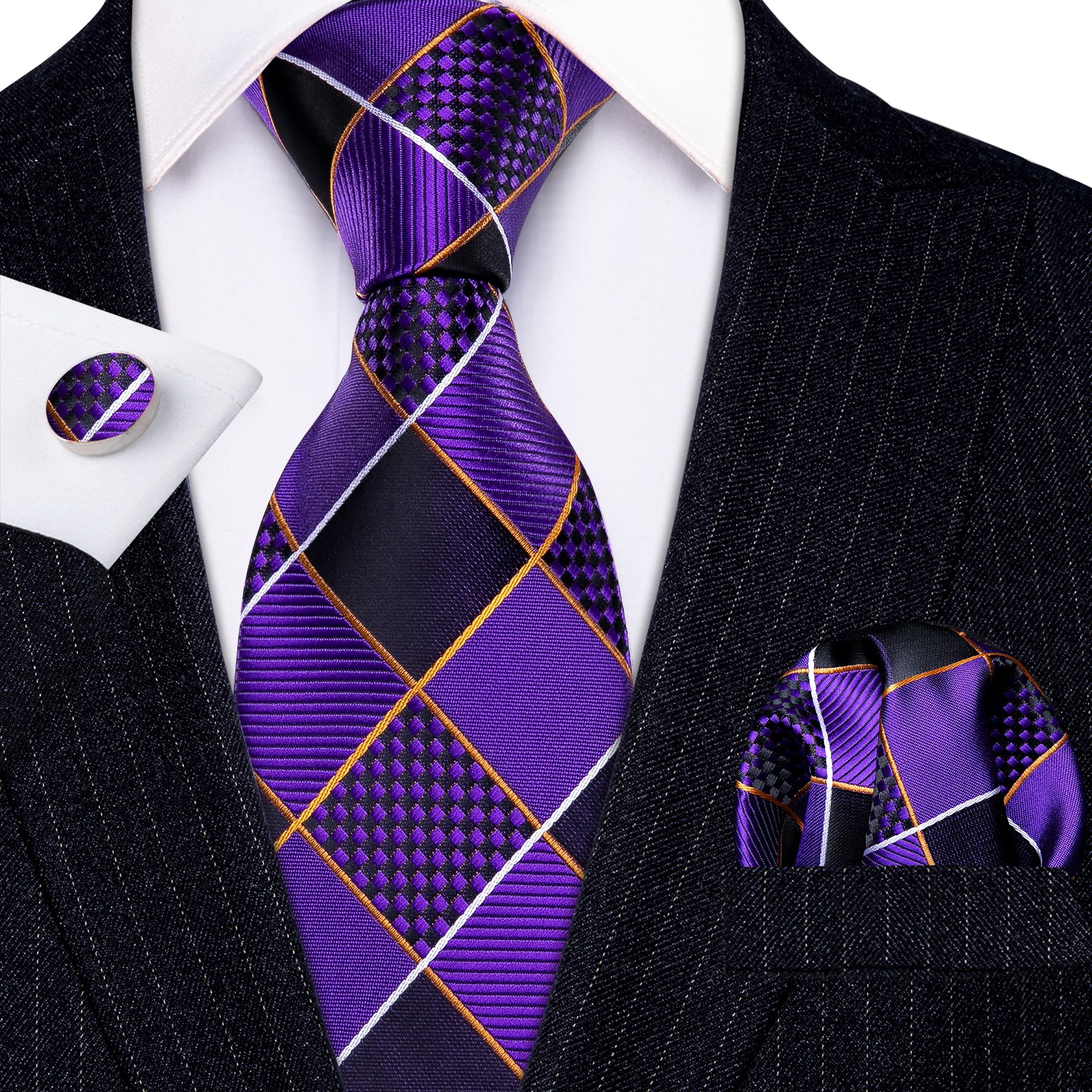 New Purple Geometry Plaid Silk Tie Hanky Cufflinks Set