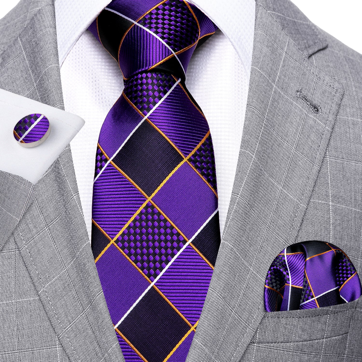 New Purple Geometry Plaid Silk Tie Hanky Cufflinks Set