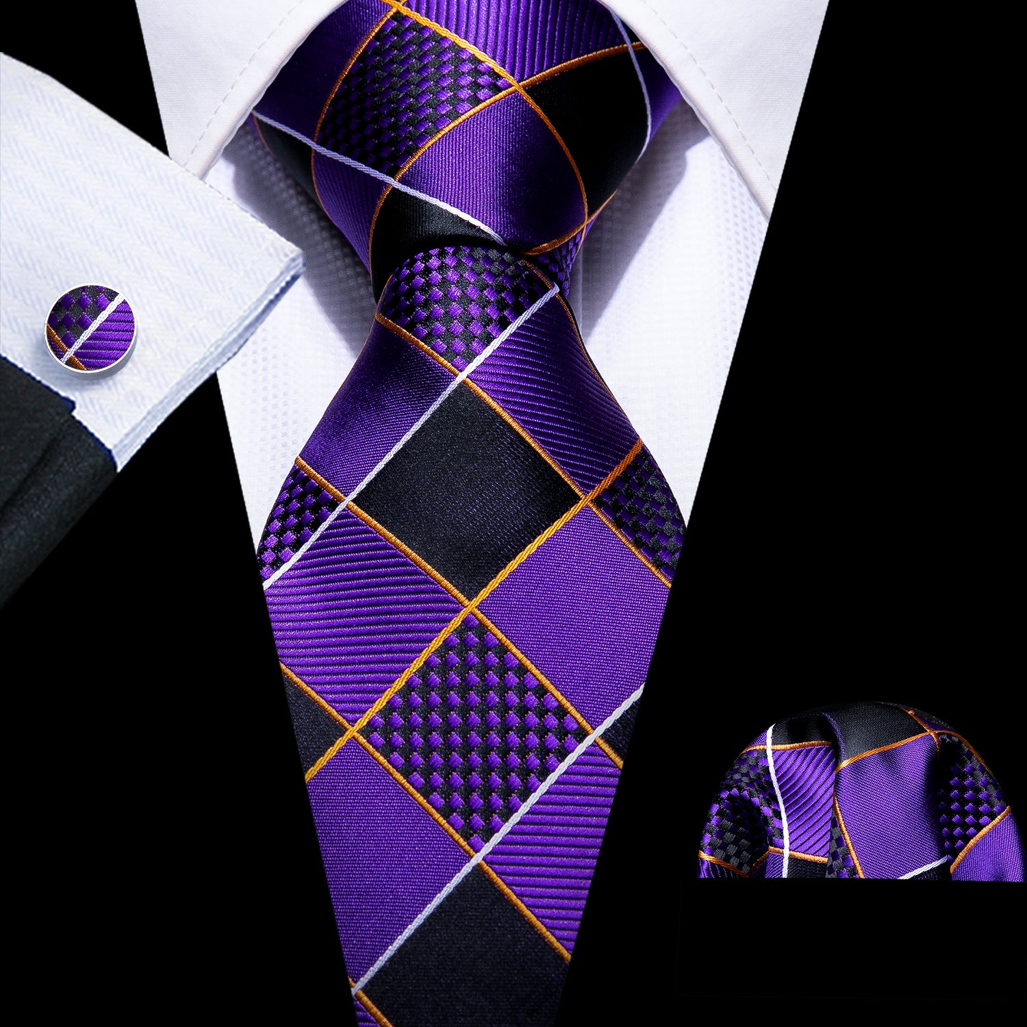 4PCS Purple Geometry Plaid Silk Tie Hanky Cufflinks Tie Clip Set