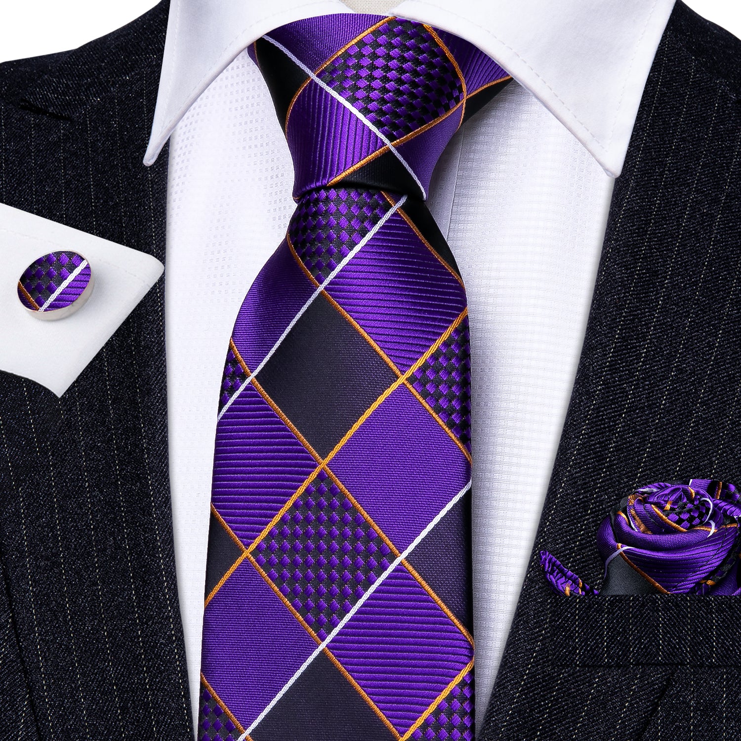 4PCS Purple Geometry Plaid Silk Tie Hanky Cufflinks Tie Clip Set