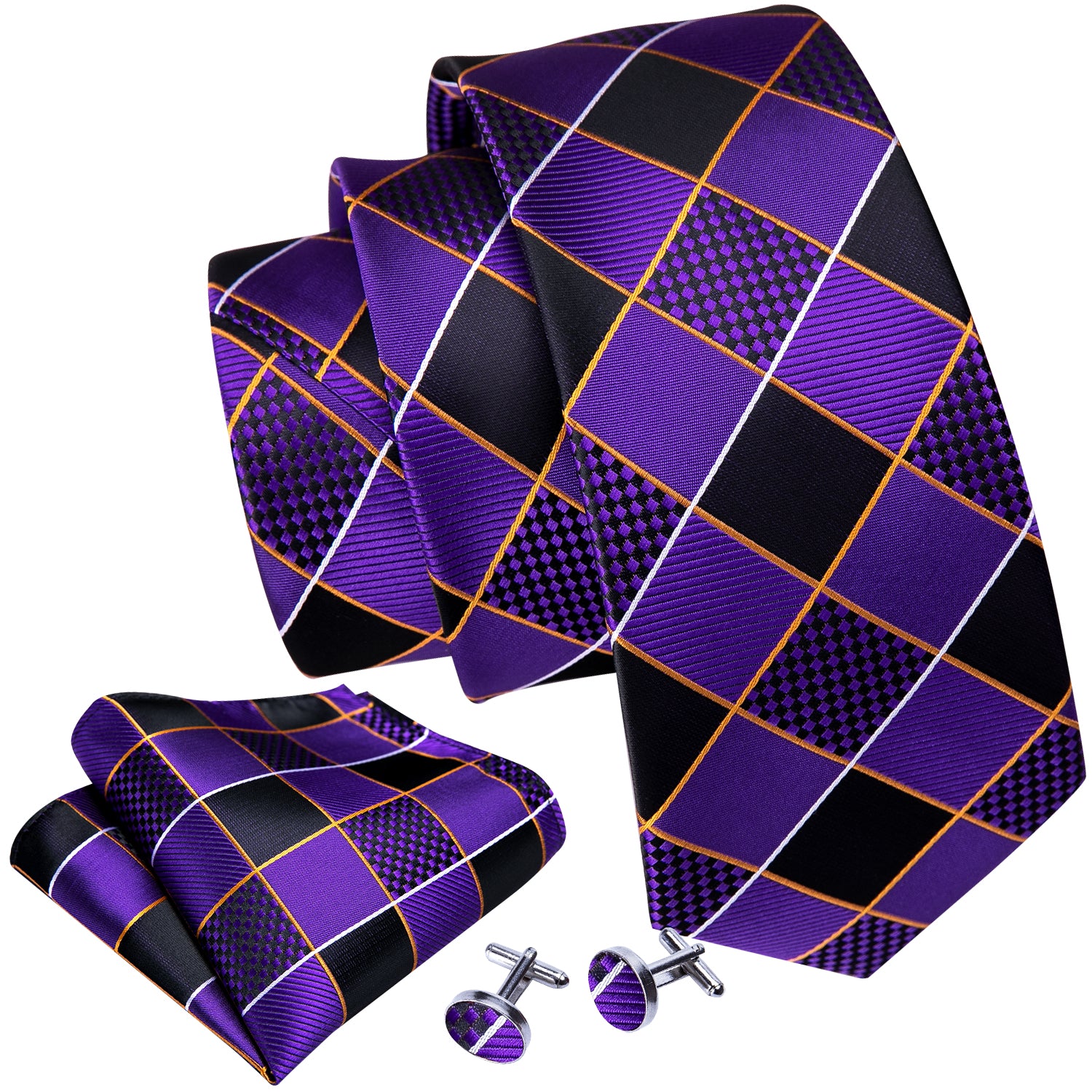 4PCS Purple Geometry Plaid Silk Tie Hanky Cufflinks Tie Clip Set