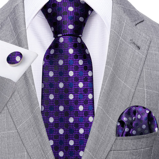 Barry. Wang White Polka Dot  Purple Solid Silk Tie Hanky Cufflinks Set