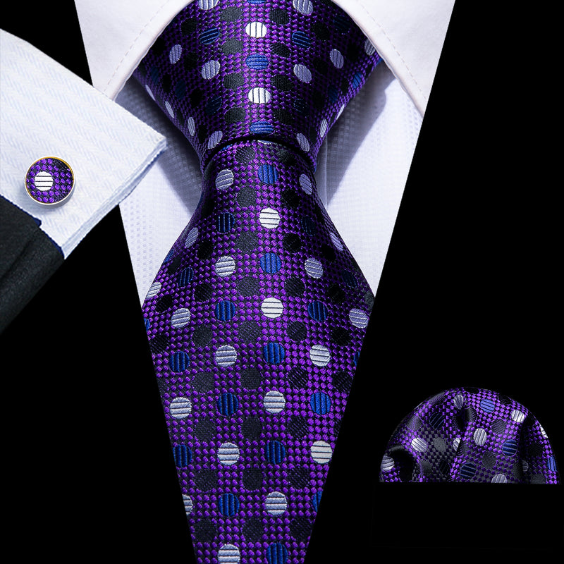 Men's Purple Silk Blend Tie & Pocket Square Set - White Polka Dots, Classic Length, Perfect For Weddings & Formal Events (UK Made)