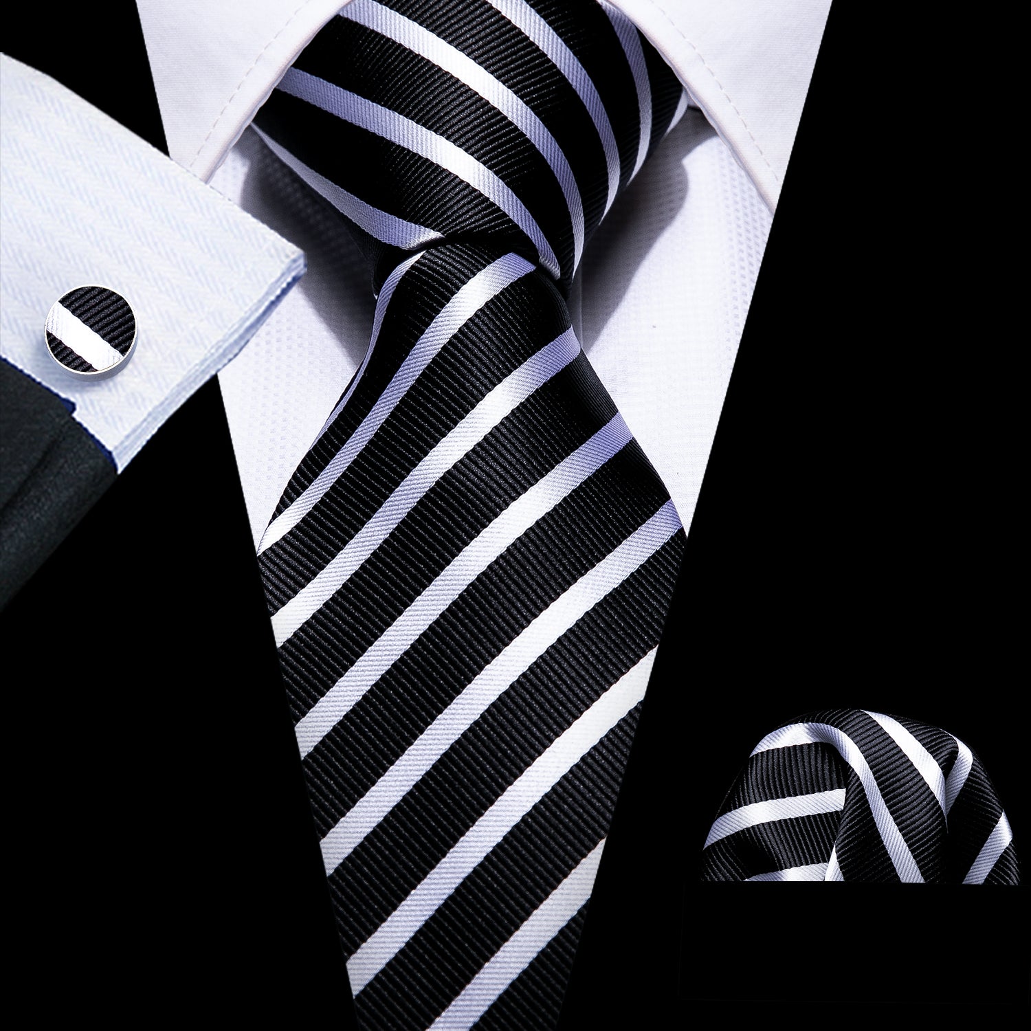 4PCS Black White Striped Silk Necktie Hanky Cufflinks Tie Clip Set