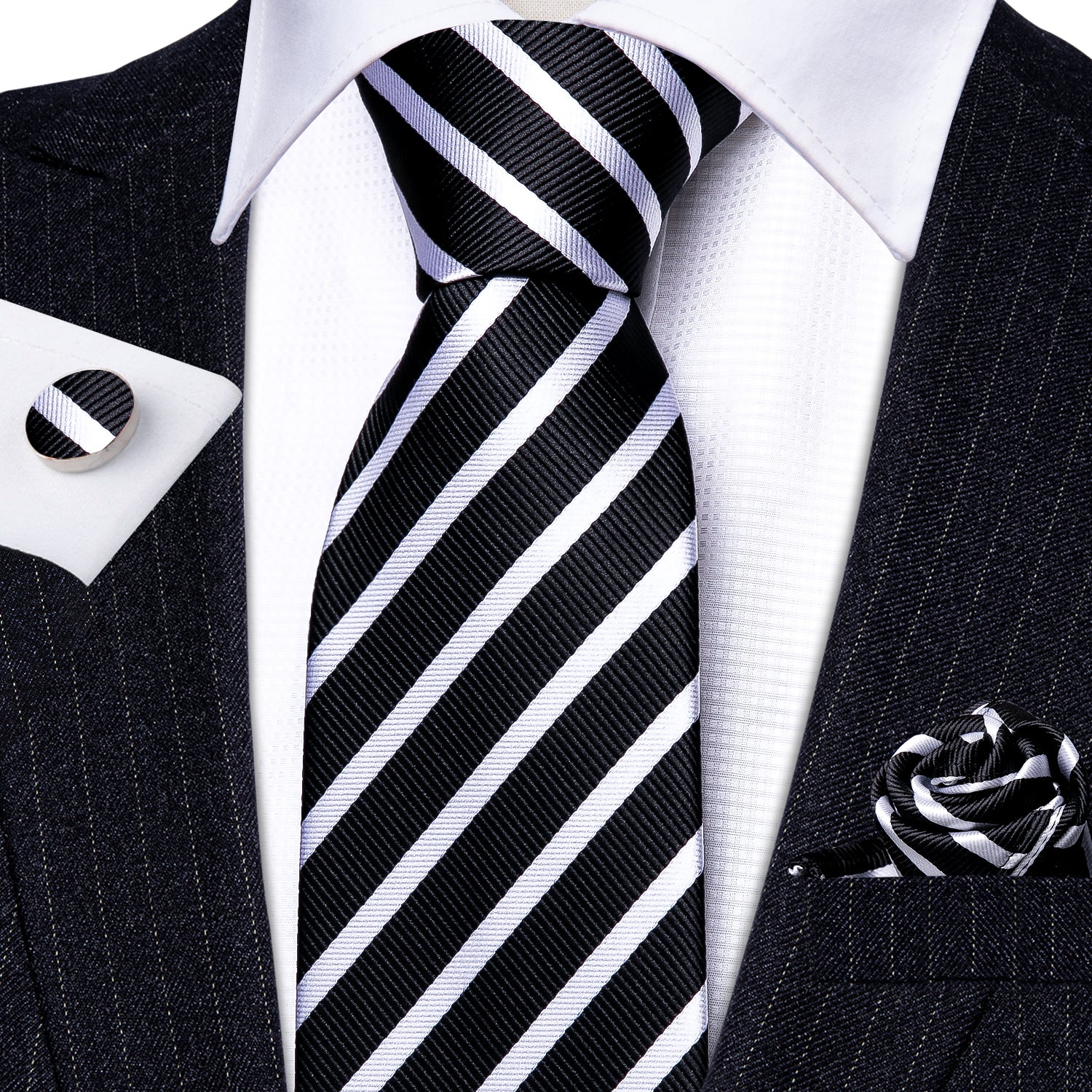 4PCS Black White Striped Silk Necktie Hanky Cufflinks Tie Clip Set