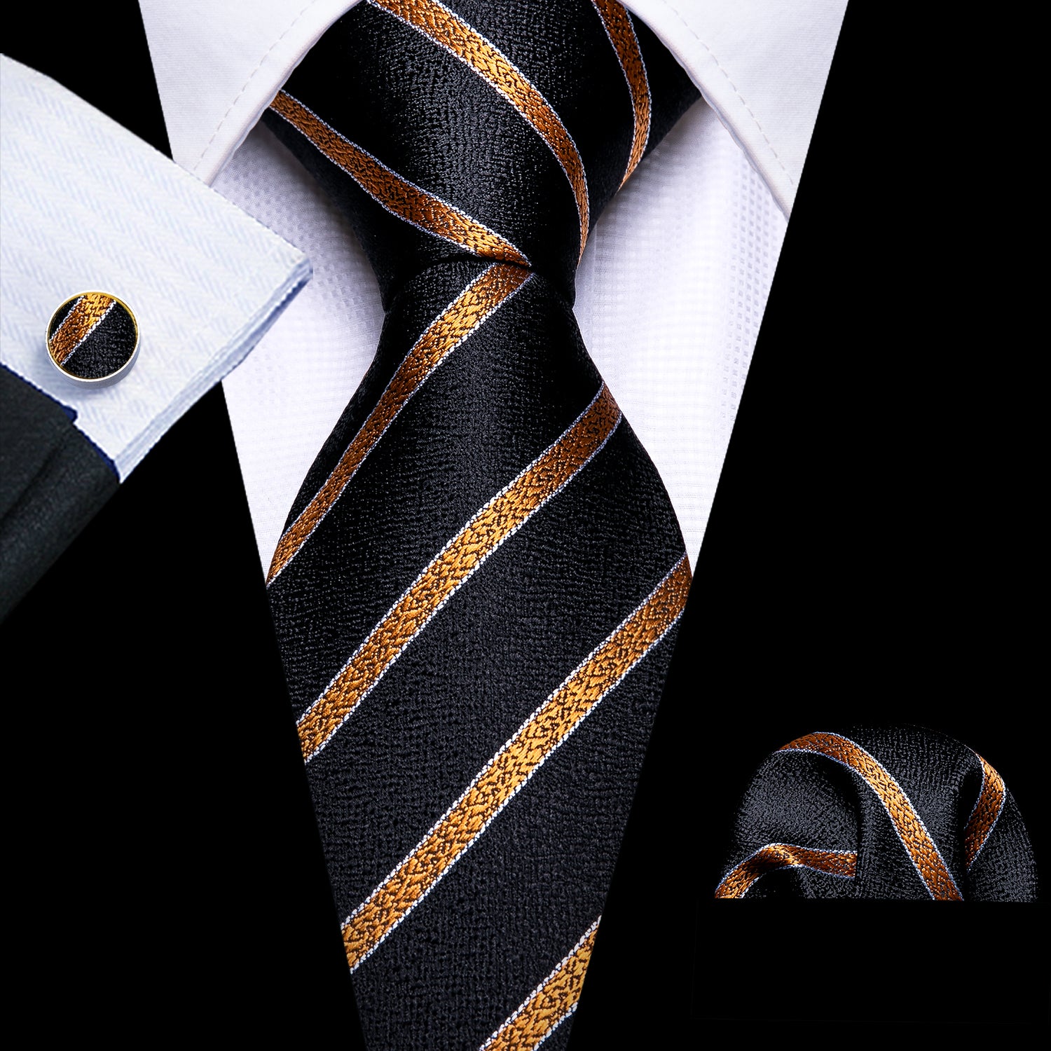 Black Tie Golden Striped Silk Necktie Hanky Cufflinks Set
