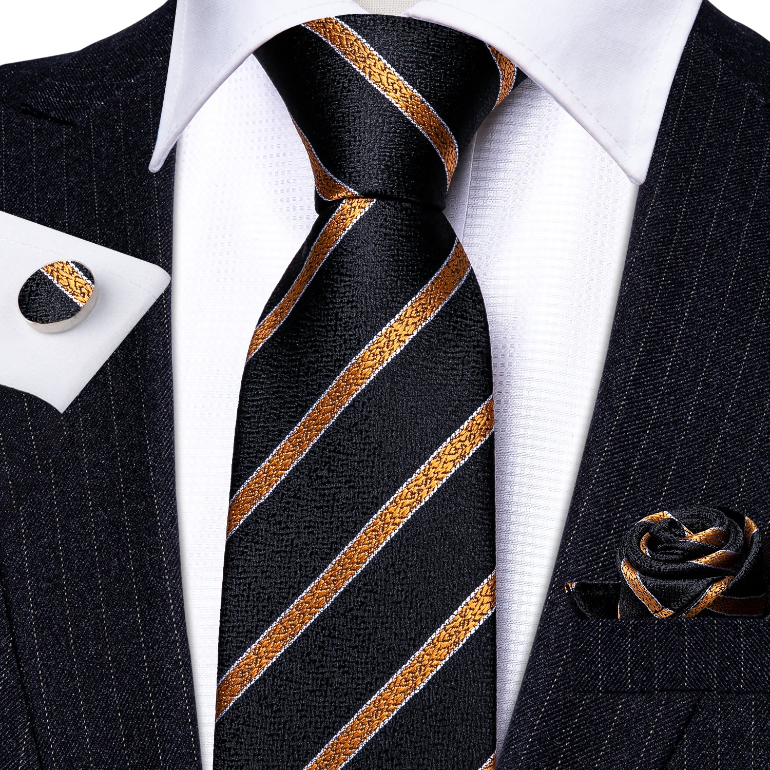 New Black Golden Striped Silk Tie Hanky Cufflinks Set