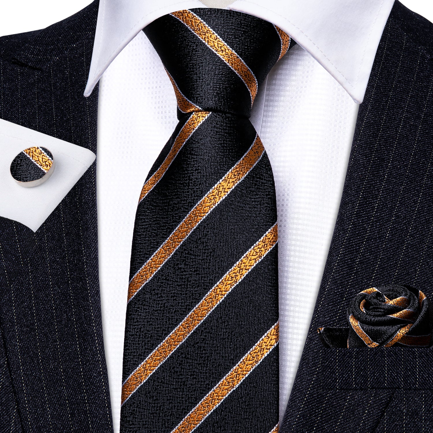Black Tie Golden Striped Silk Necktie Hanky Cufflinks Set