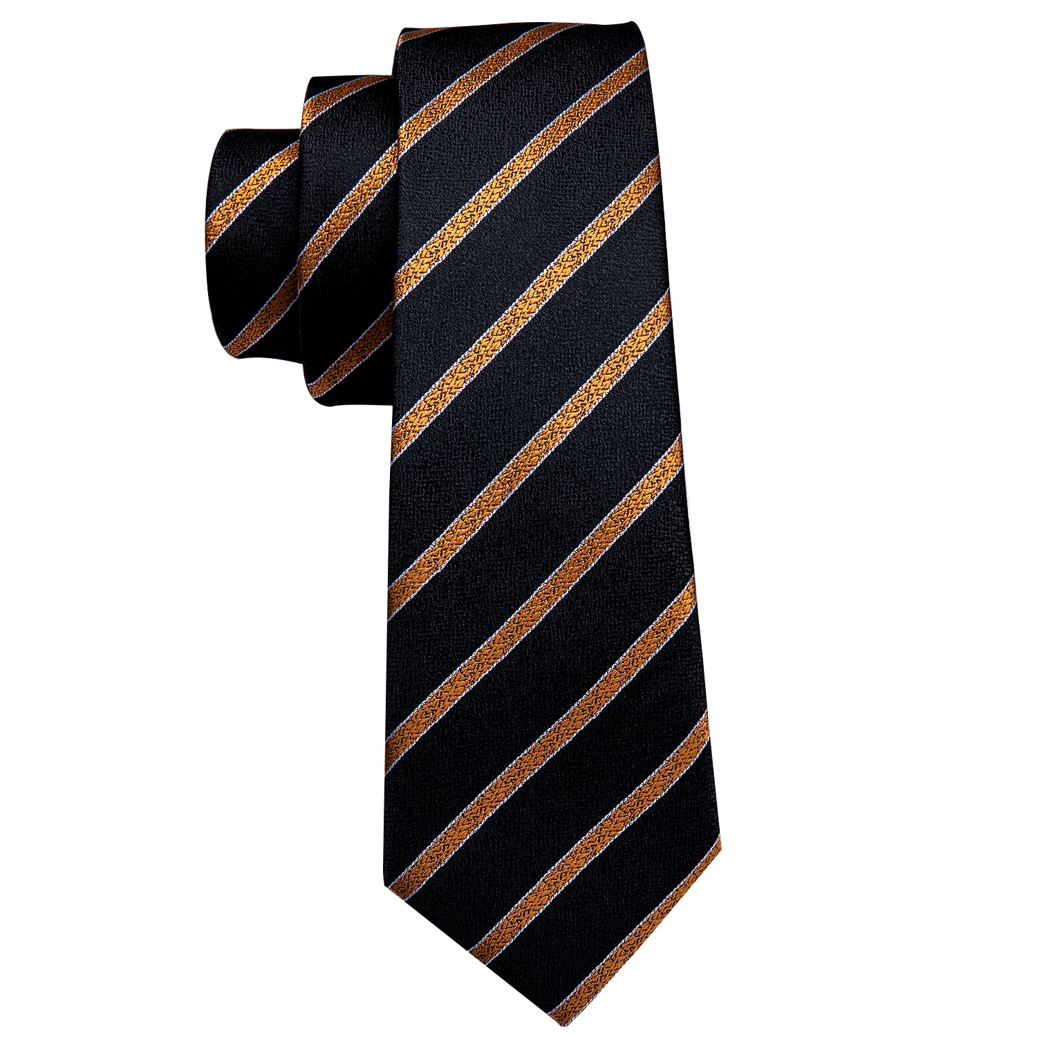 Black Tie Golden Striped Silk Necktie Hanky Cufflinks Set