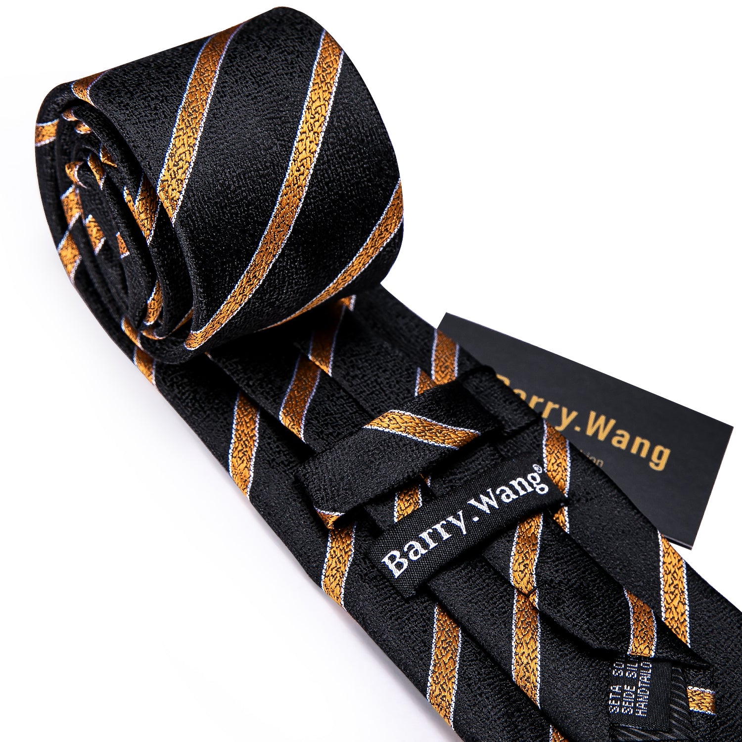 Black Tie Golden Striped Silk Necktie Hanky Cufflinks Set