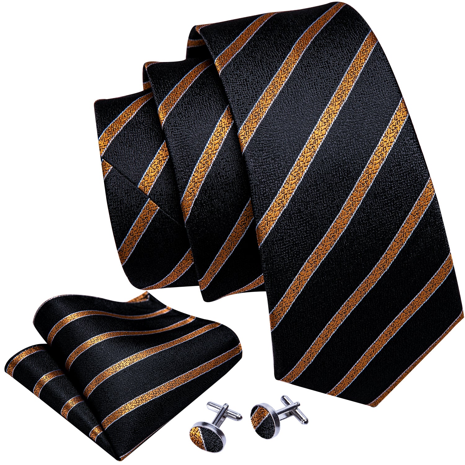 Black Tie Golden Striped Silk Necktie Hanky Cufflinks Set