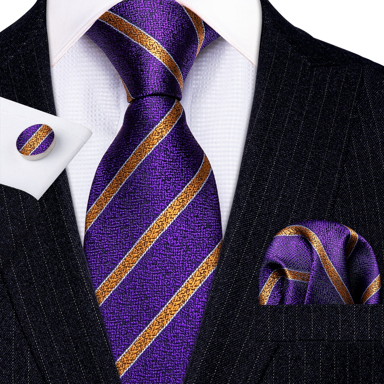 New Purple Golden Striped Silk Tie Hanky Cufflinks Set