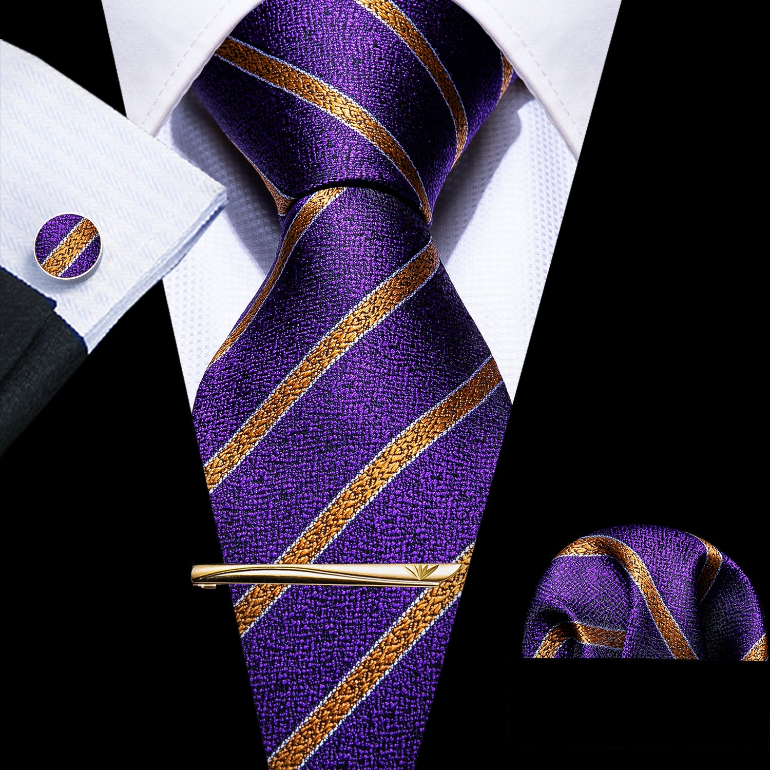 4PCS Purple Golden Striped Silk Necktie Hanky Cufflinks Tie Clip Set