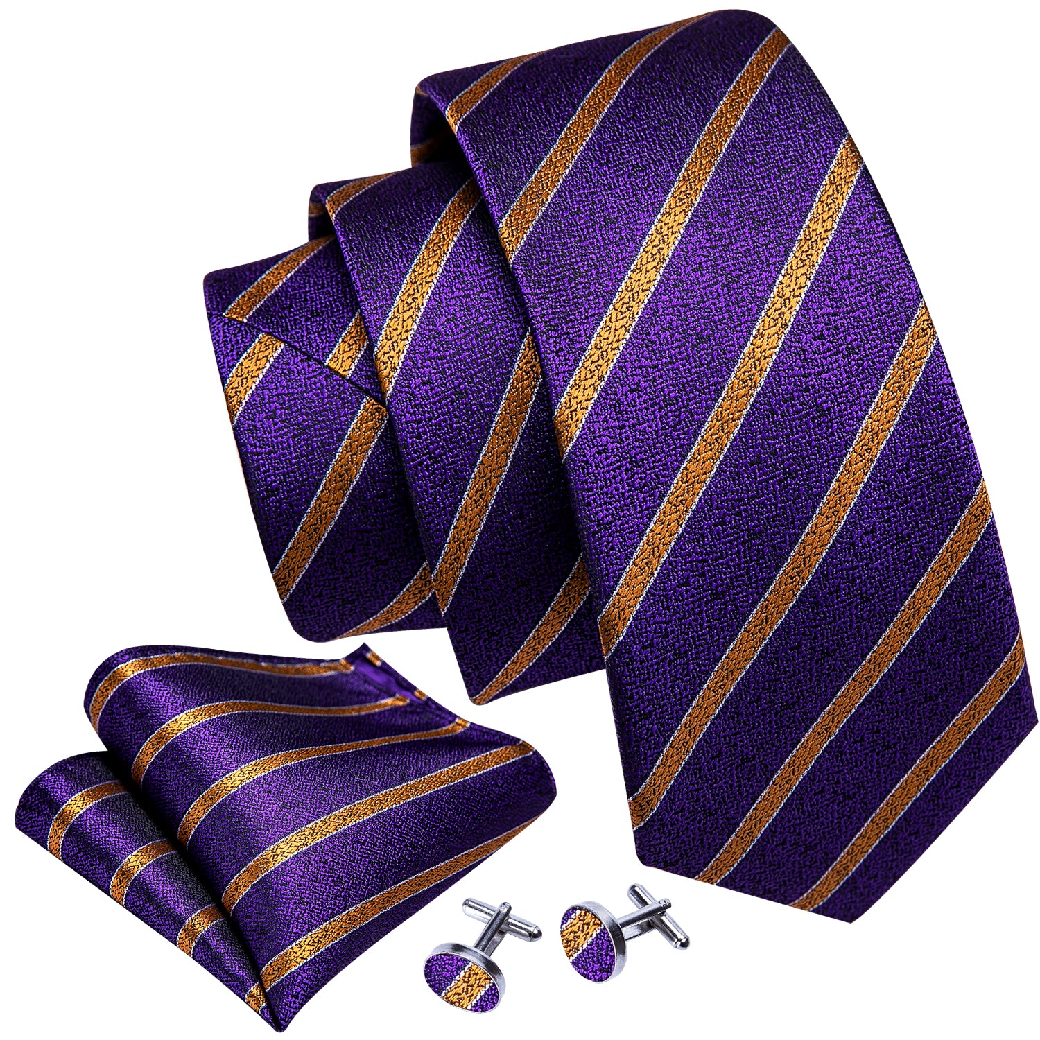 4PCS Purple Golden Striped Silk Necktie Hanky Cufflinks Tie Clip Set