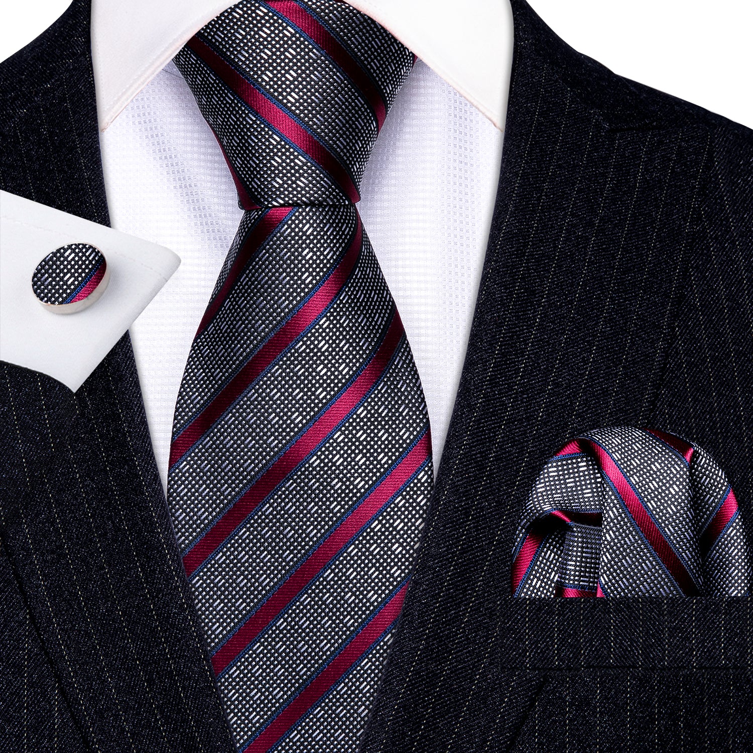  Necktie Grey Red Striped Silk Tie Hanky Cufflinks Set