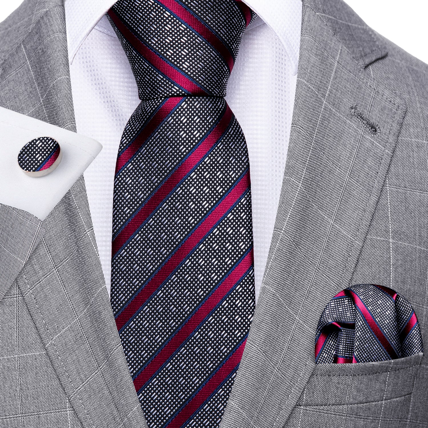  Necktie Grey Red Striped Silk Tie Hanky Cufflinks Set