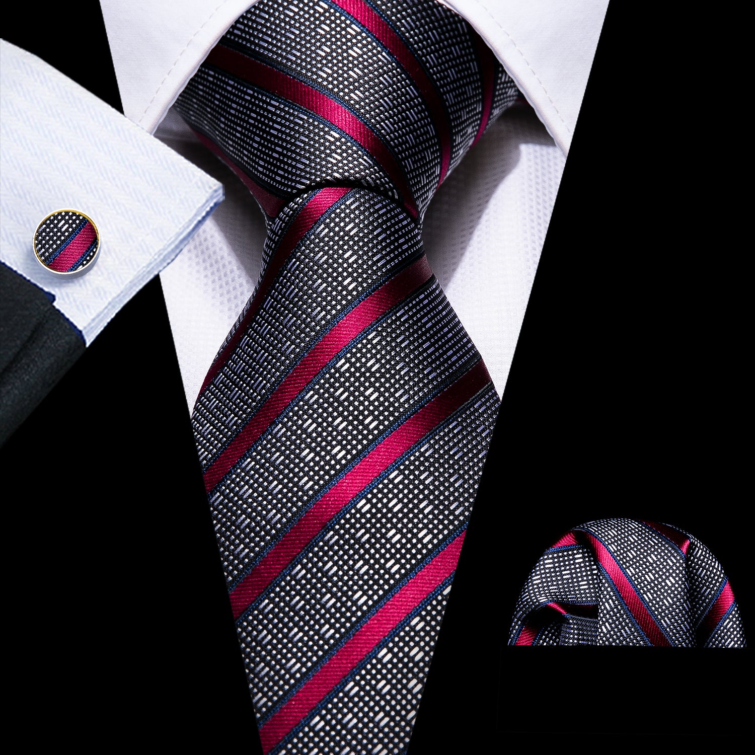  Necktie Grey Red Striped Silk Tie Hanky Cufflinks Set