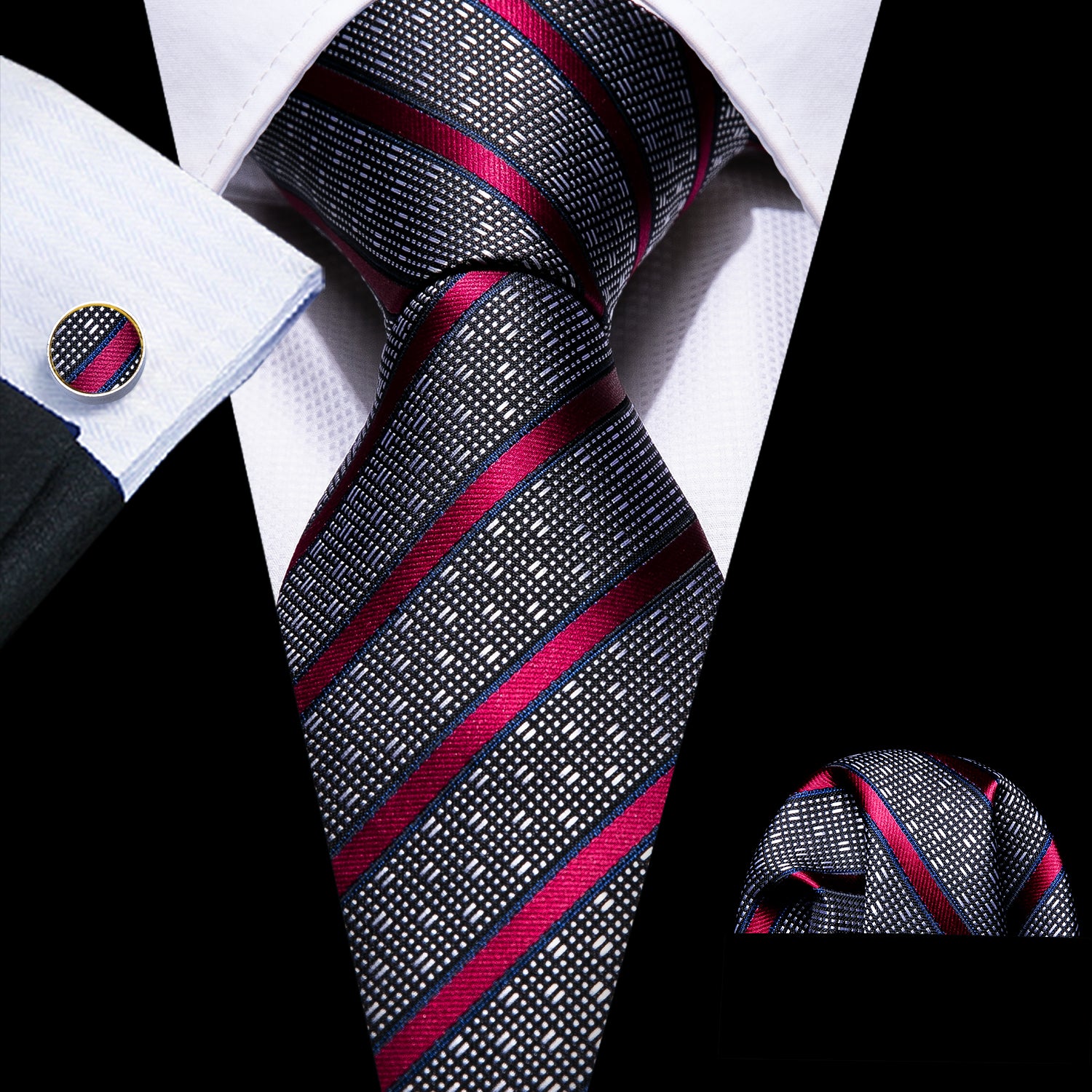 4PCS Grey Red Striped Silk Necktie Hanky Cufflinks Tie Clip Set