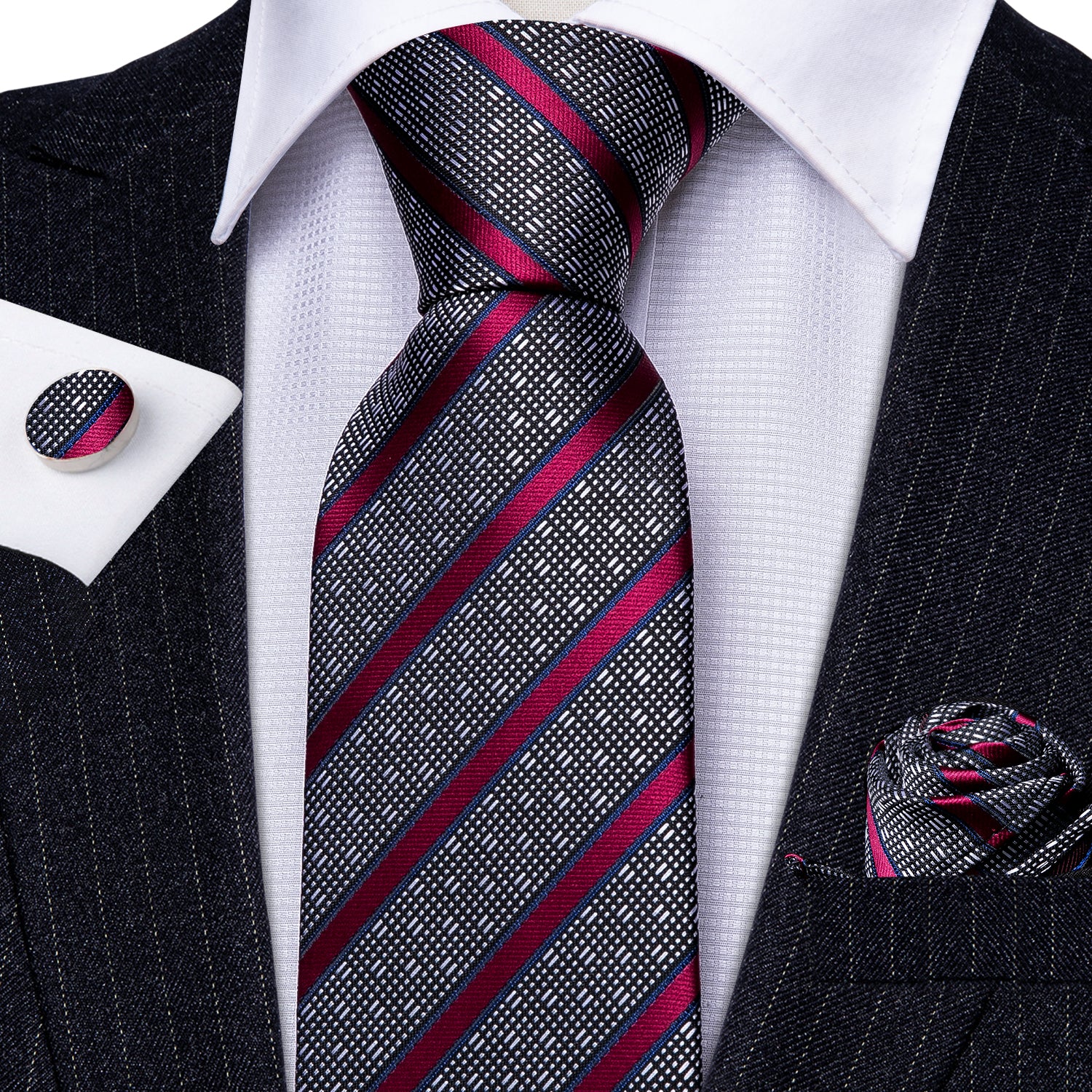 Grey Red Striped Silk Tie Hanky Cufflinks Set