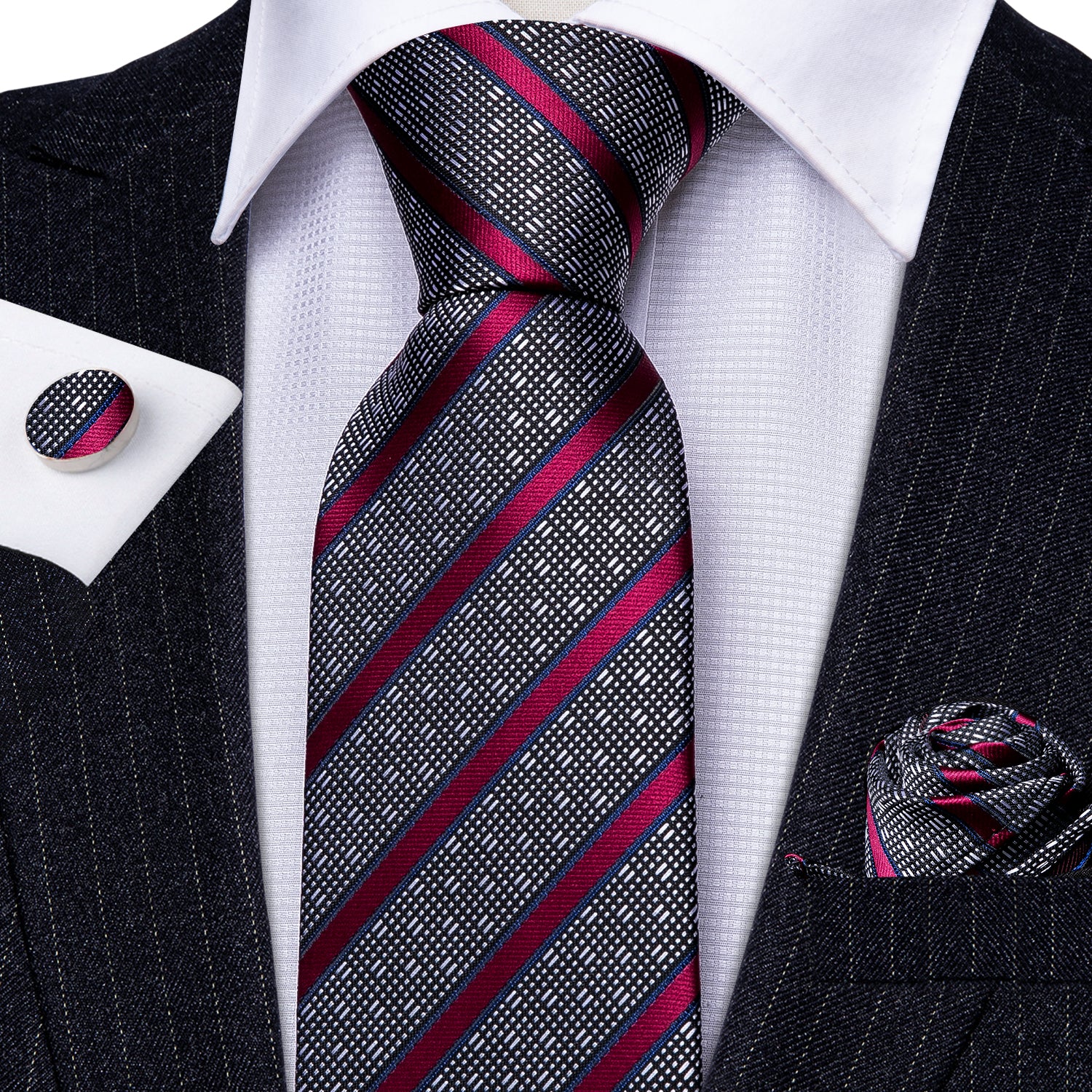  Necktie Grey Red Striped Silk Tie Hanky Cufflinks Set