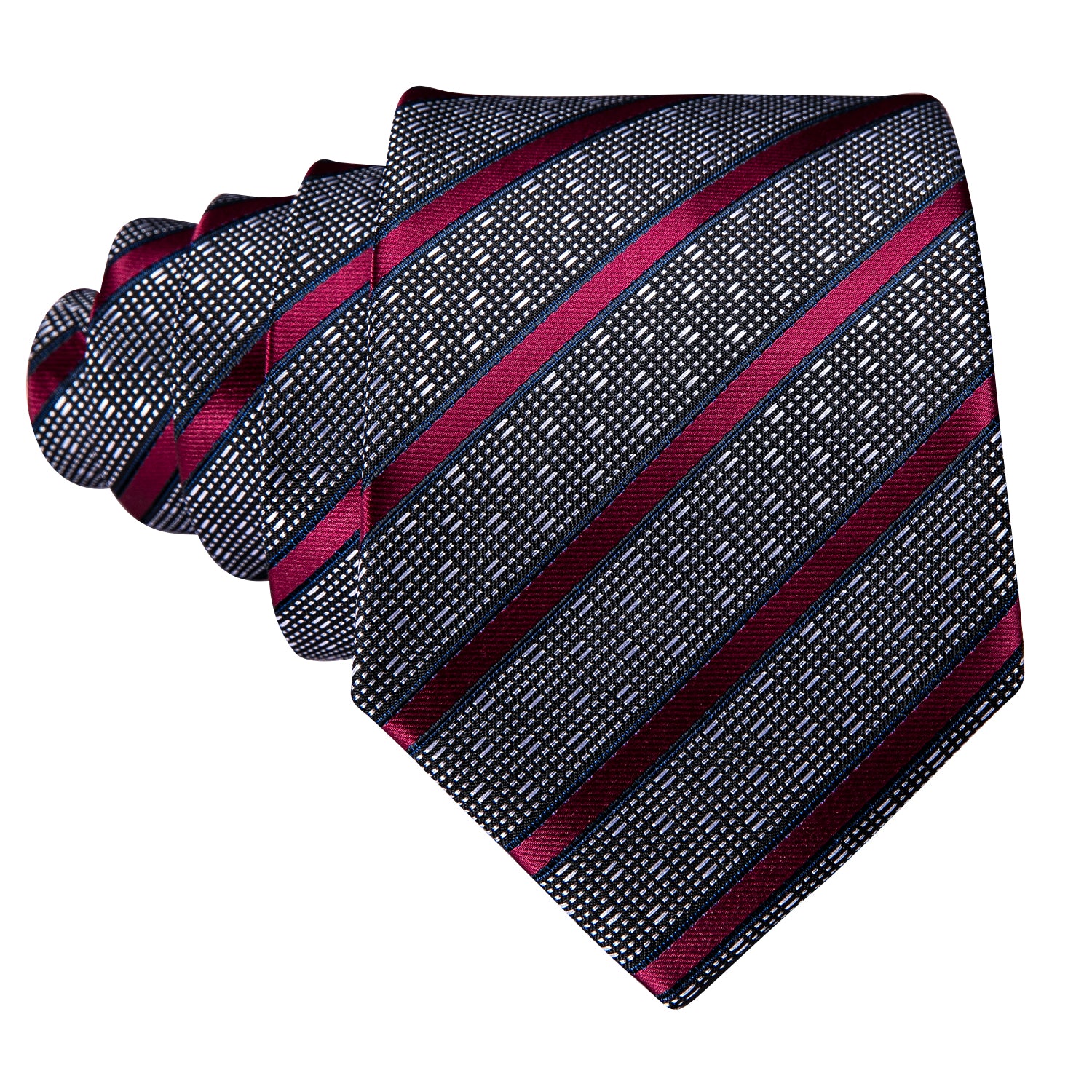 New Grey Red Striped Silk Tie Hanky Cufflinks Set