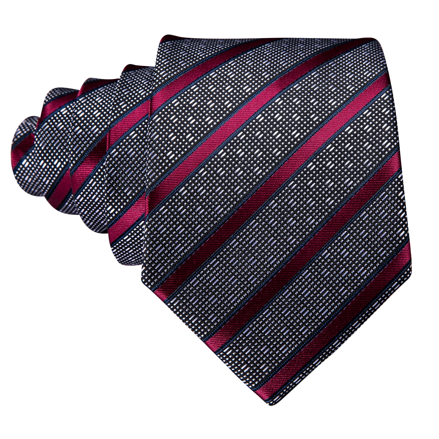  Necktie Grey Red Striped Silk Tie Hanky Cufflinks Set