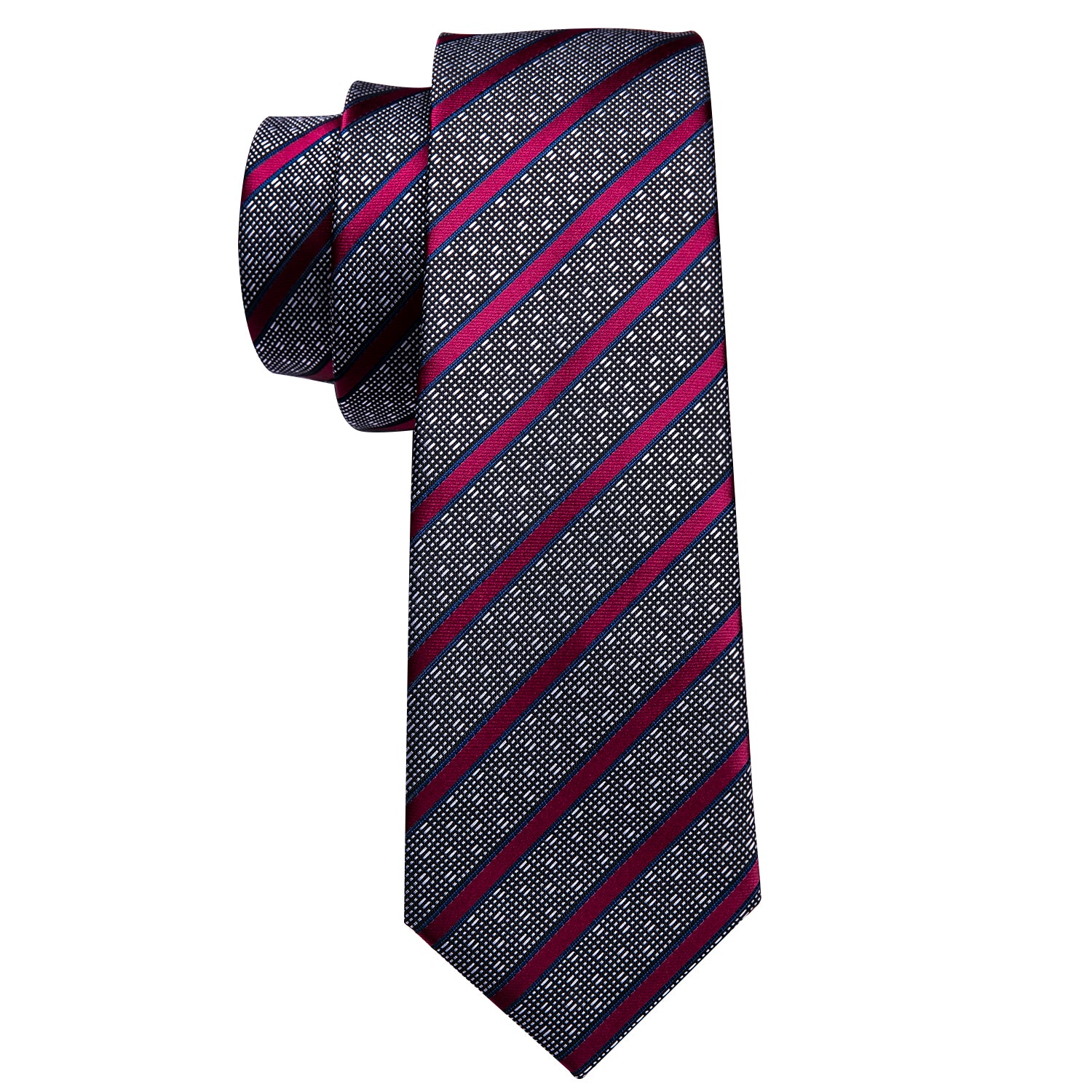  Necktie Grey Red Striped Silk Tie Hanky Cufflinks Set