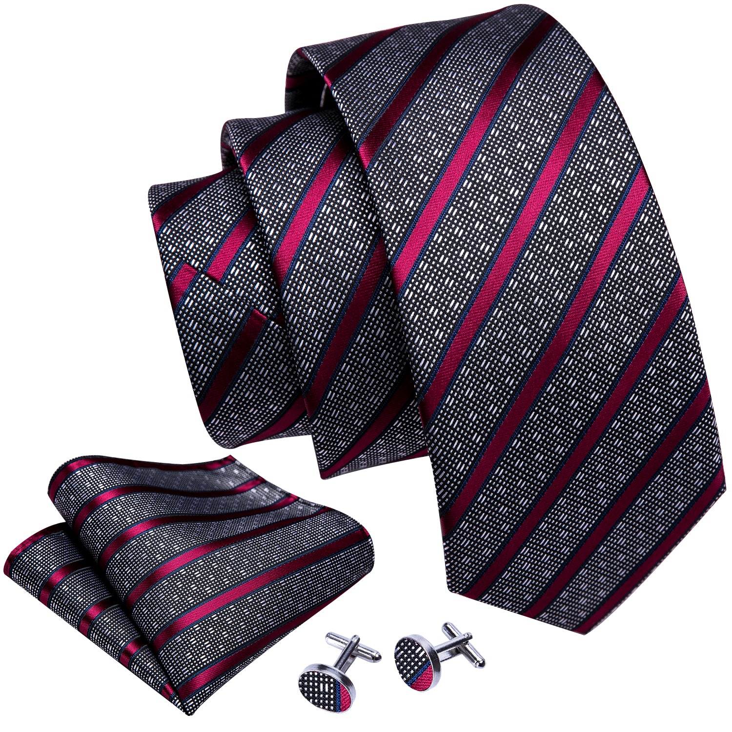 Necktie Grey Red Striped Silk Tie Hanky Cufflinks Set