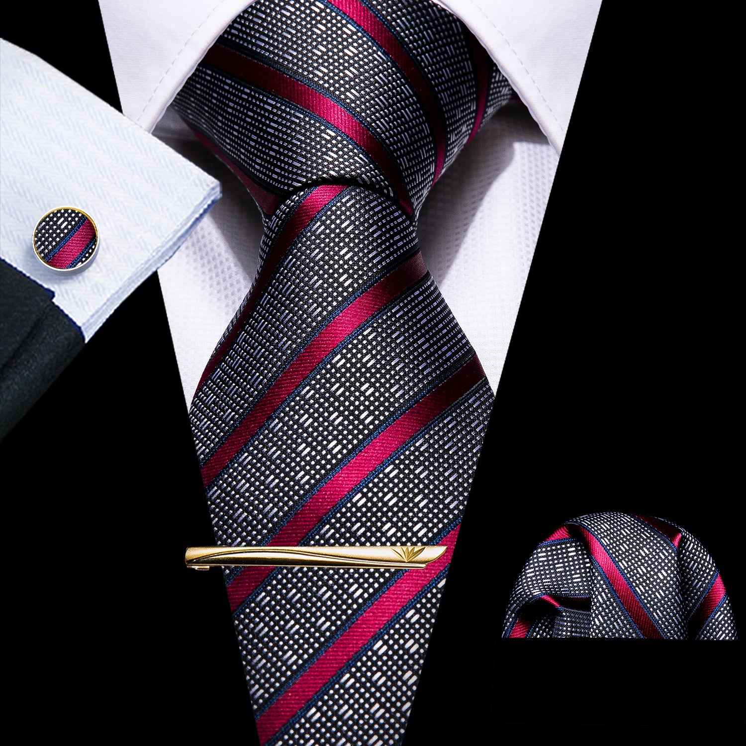 4PCS Grey Red Striped Silk Necktie Hanky Cufflinks Tie Clip Set