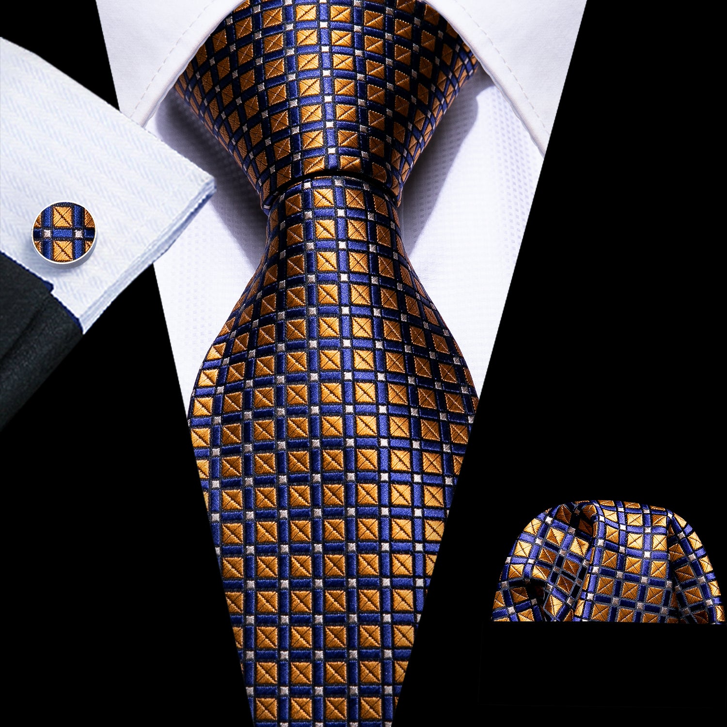 Barry Wang Brown Tie Blue Polka Dot Men's Silk Tie Hanky Cufflinks Set
