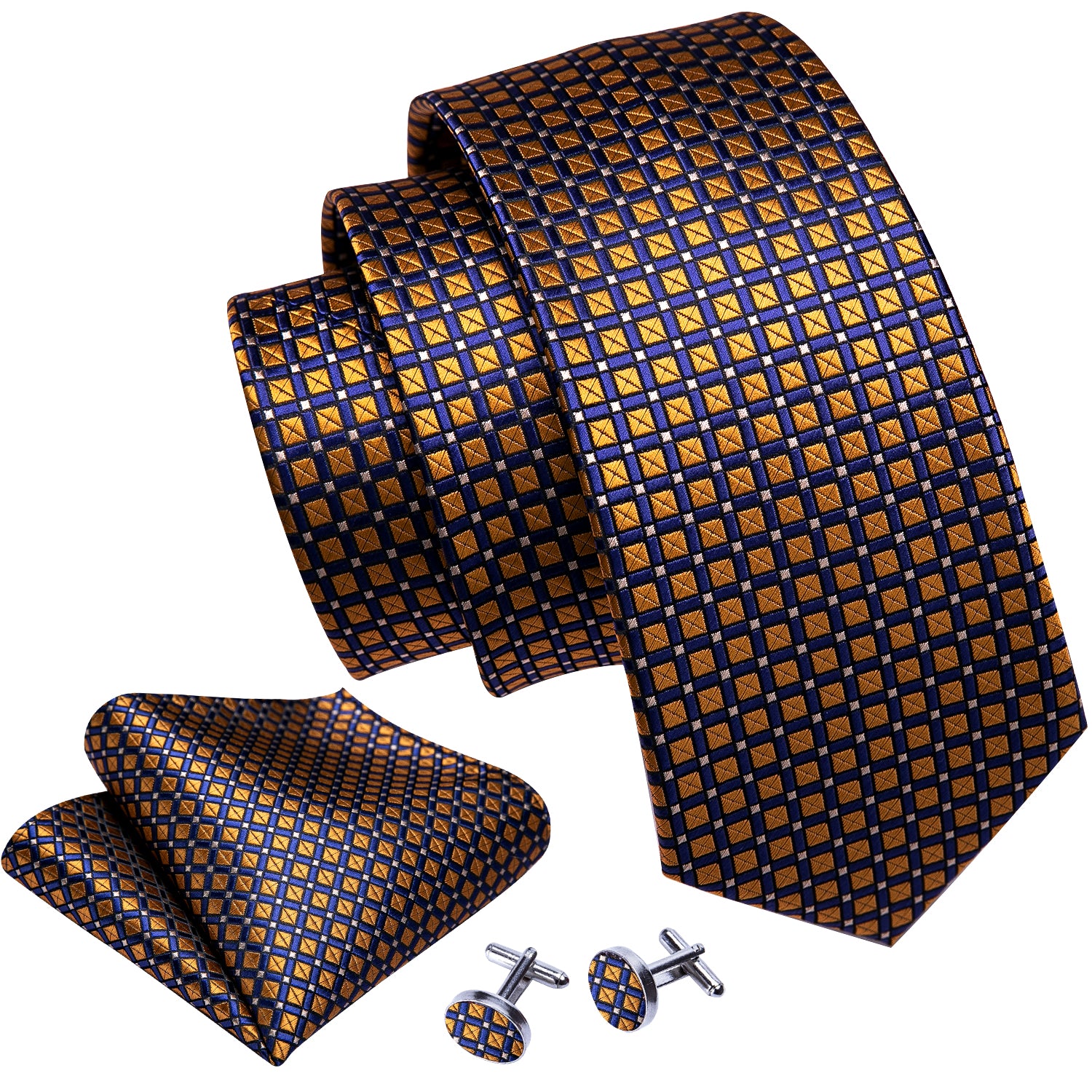 New Brown Polka Dot Silk Solid Tie Hanky Cufflinks Set