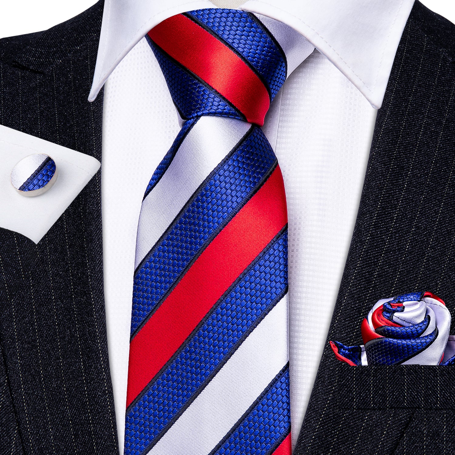 Barry.wang Men's Tie Red White Blue Striped Silk Tie Hanky Cufflinks Set New