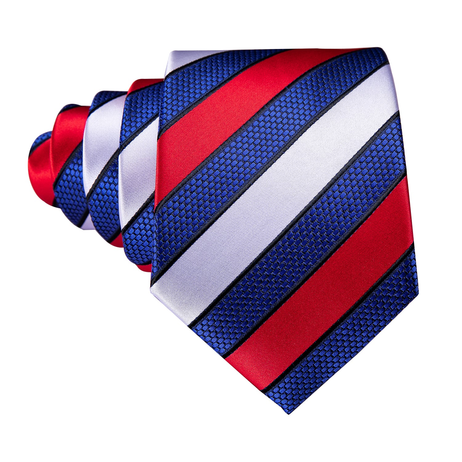 Barry.wang Men's Tie Red White Blue Striped Silk Tie Hanky Cufflinks Set