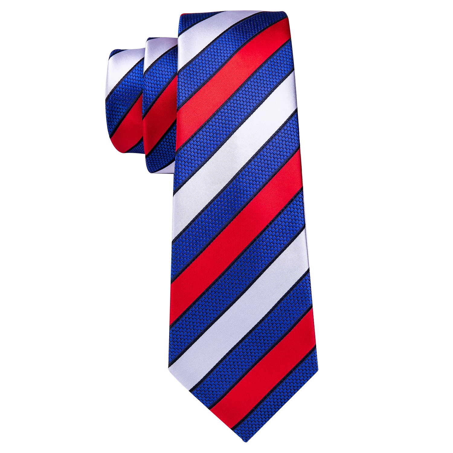 Men Tie Red White Blue Striped Silk Tie Hanky Cufflinks Set