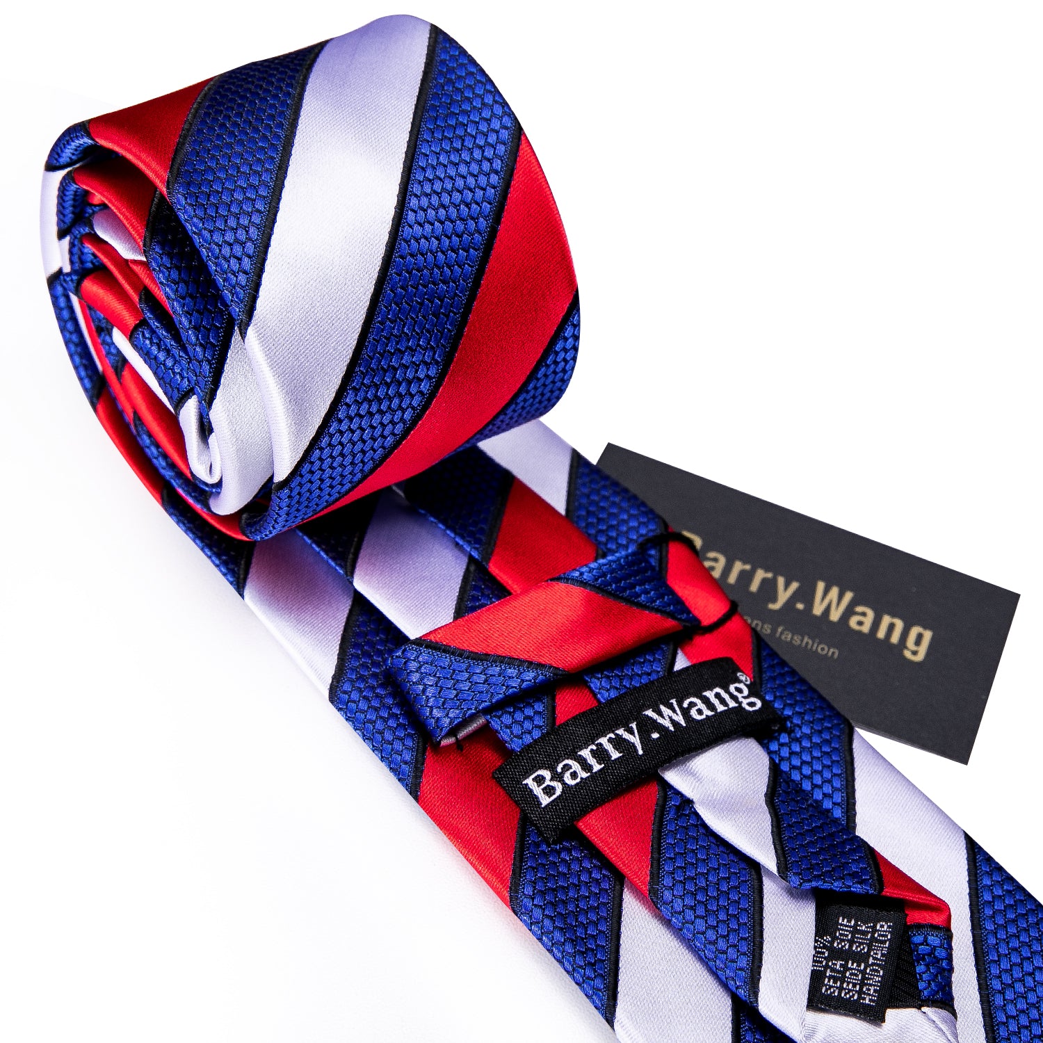 Men Tie Red White Blue Striped Silk Tie Hanky Cufflinks Set