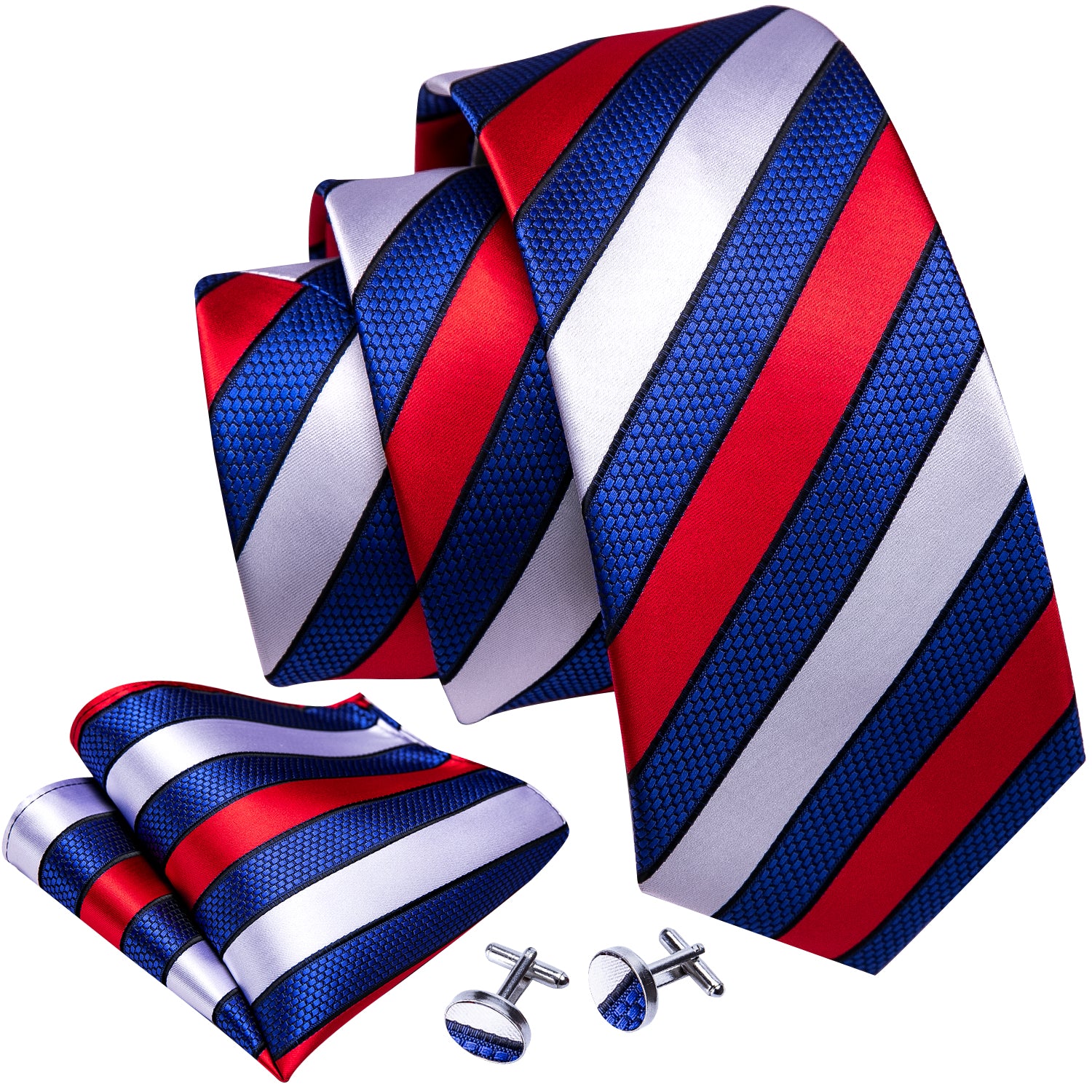 Men Tie Red White Blue Striped Silk Tie Hanky Cufflinks Set