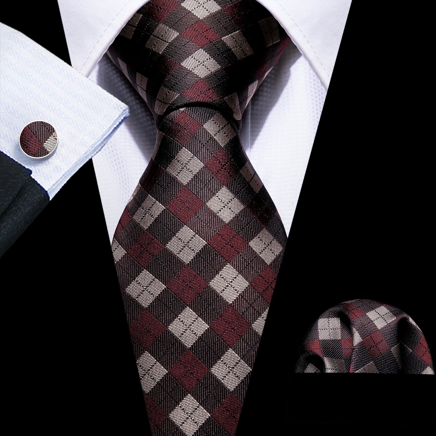 4PCS Red Brown Plaid Silk Necktie Hanky Cufflinks Tie Clip Set
