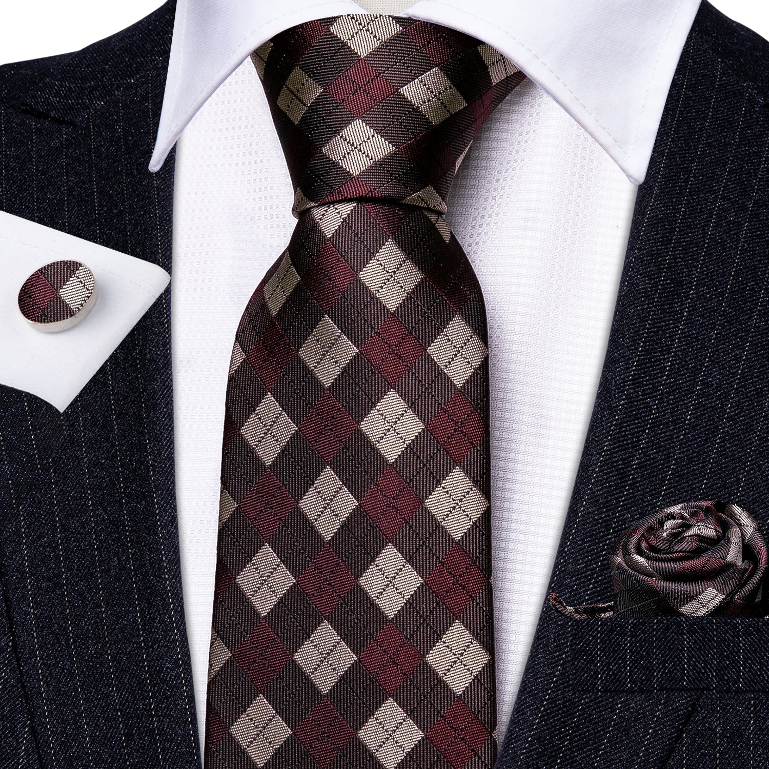 4PCS Red Brown Plaid Silk Necktie Hanky Cufflinks Tie Clip Set
