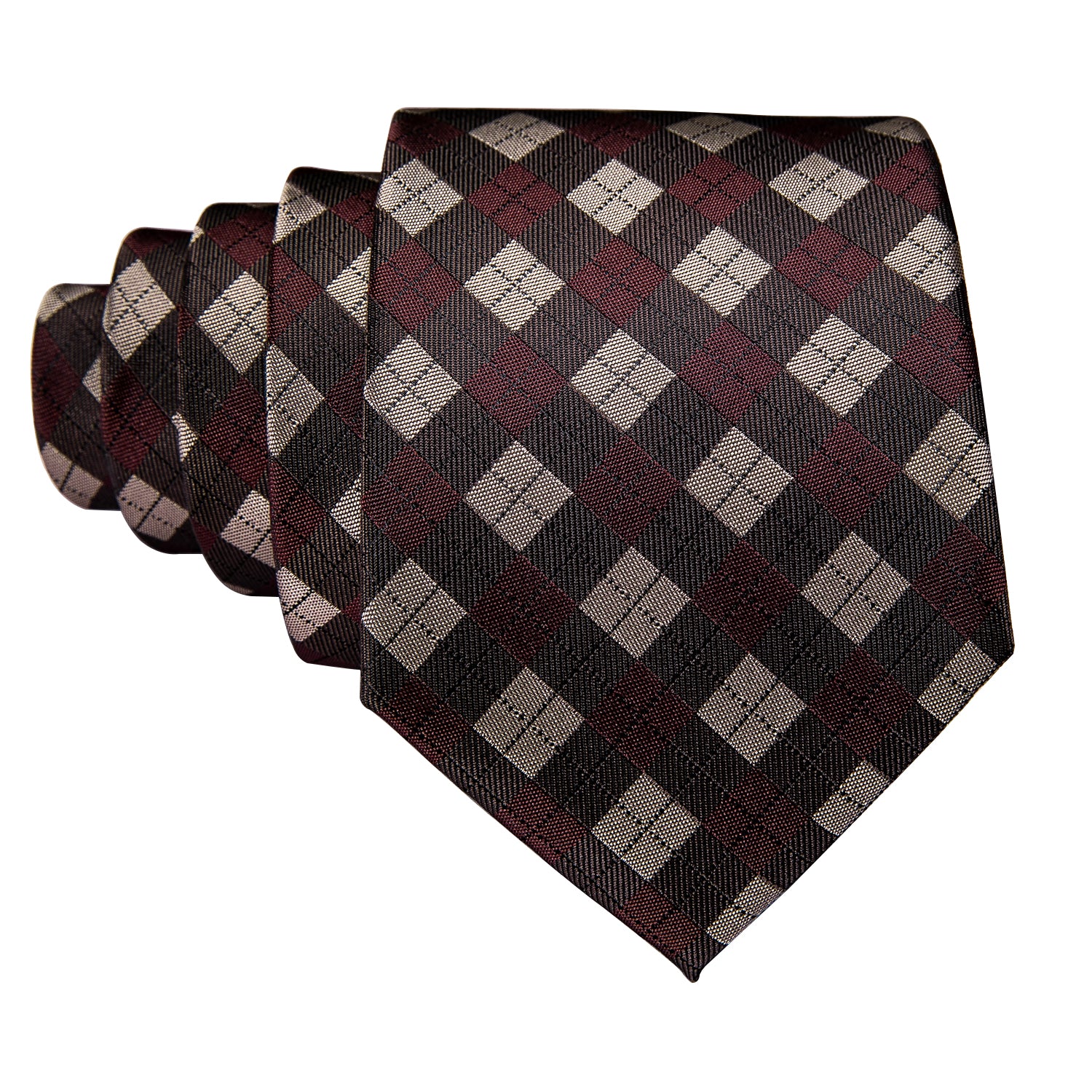 New Red Brown Plaid Silk Tie Hanky Cufflinks Set