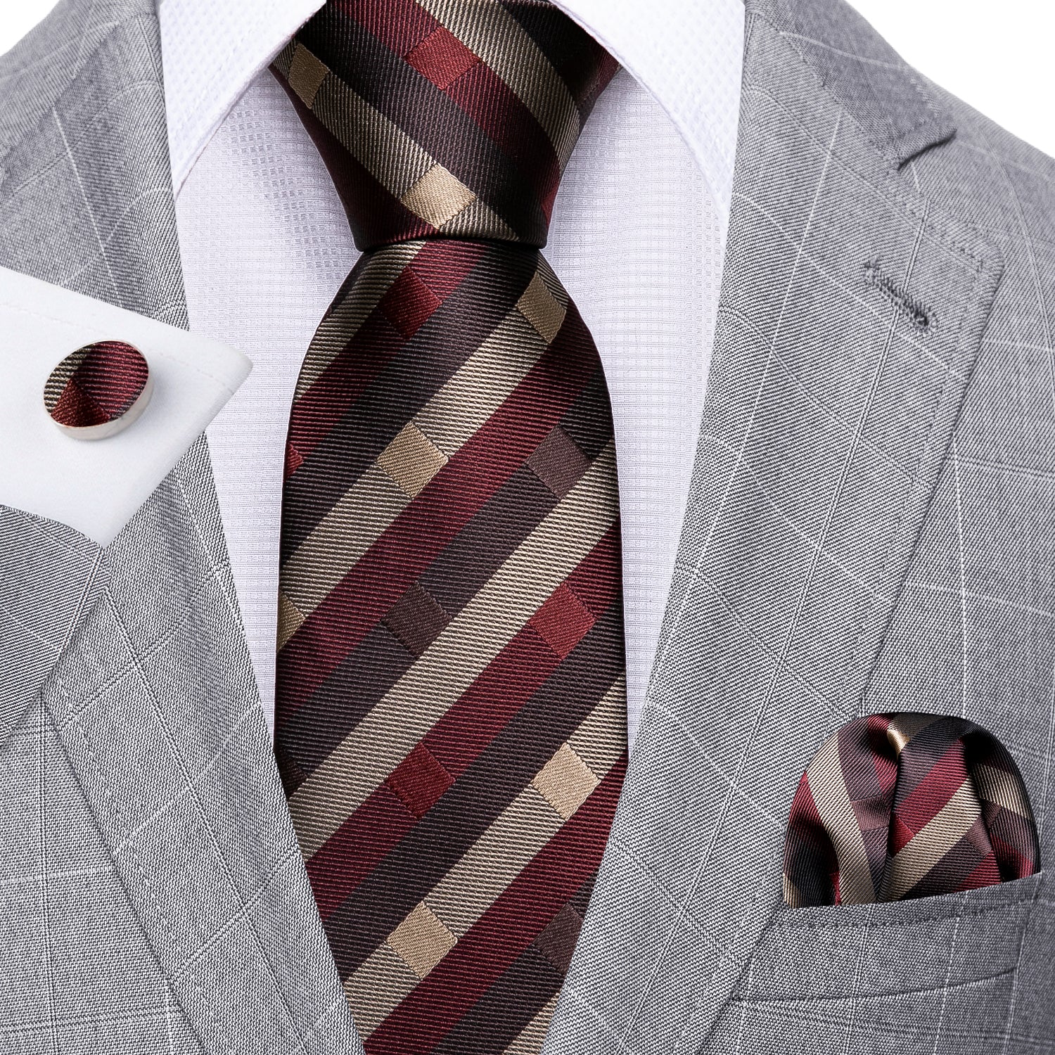 Brown Necktie Red Tan Striped Silk Tie Hanky Cufflinks Set