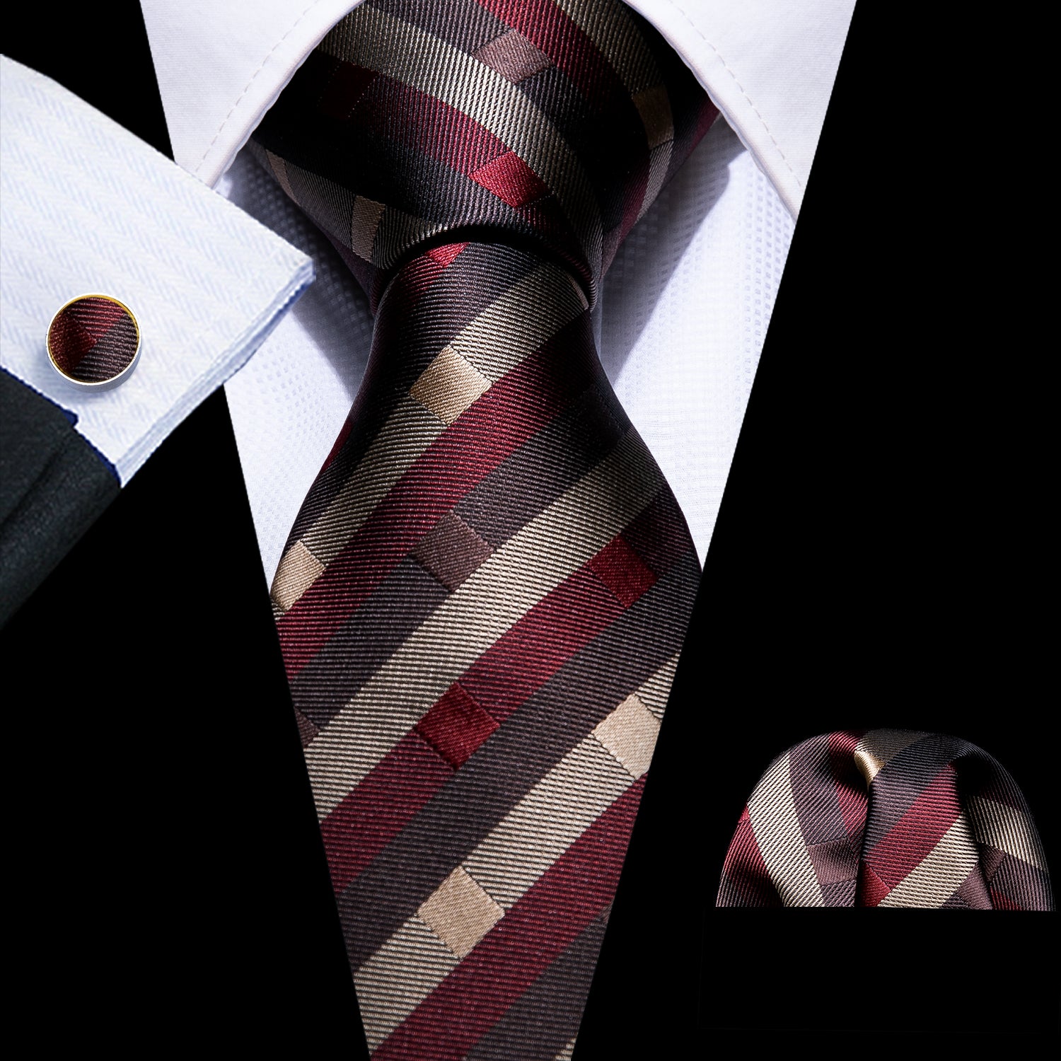 Brown Necktie Red Tan Striped Silk Tie Hanky Cufflinks Set