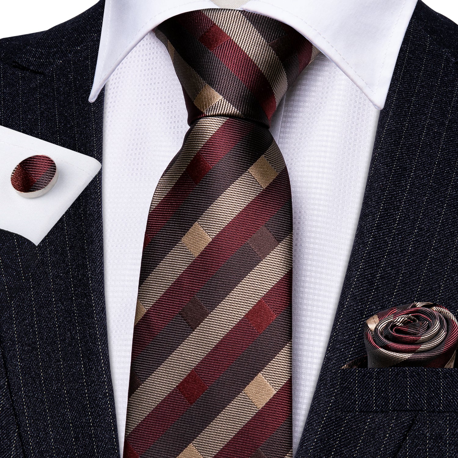 Brown Necktie Red Tan Striped Silk Tie Hanky Cufflinks Set