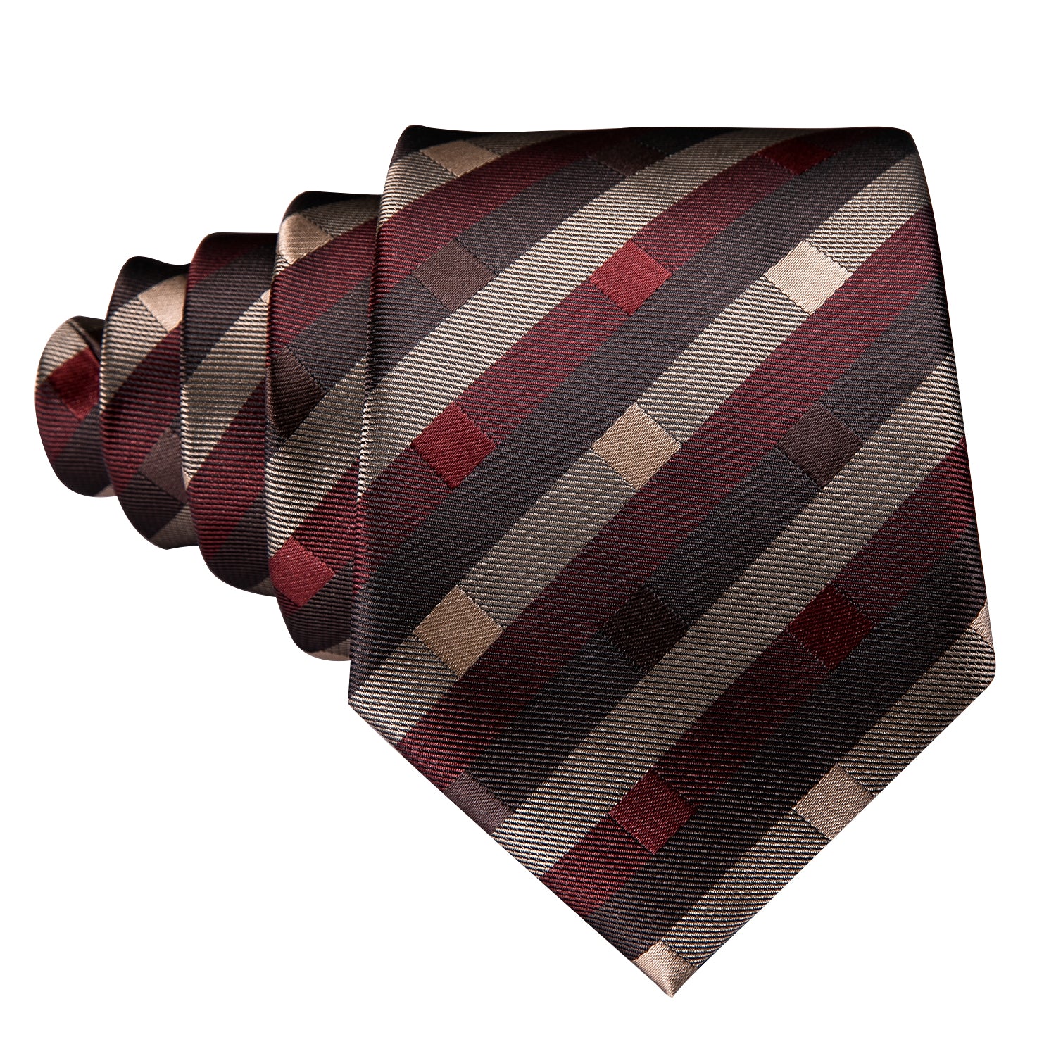 Brown Necktie Red Tan Striped Silk Tie Hanky Cufflinks Set