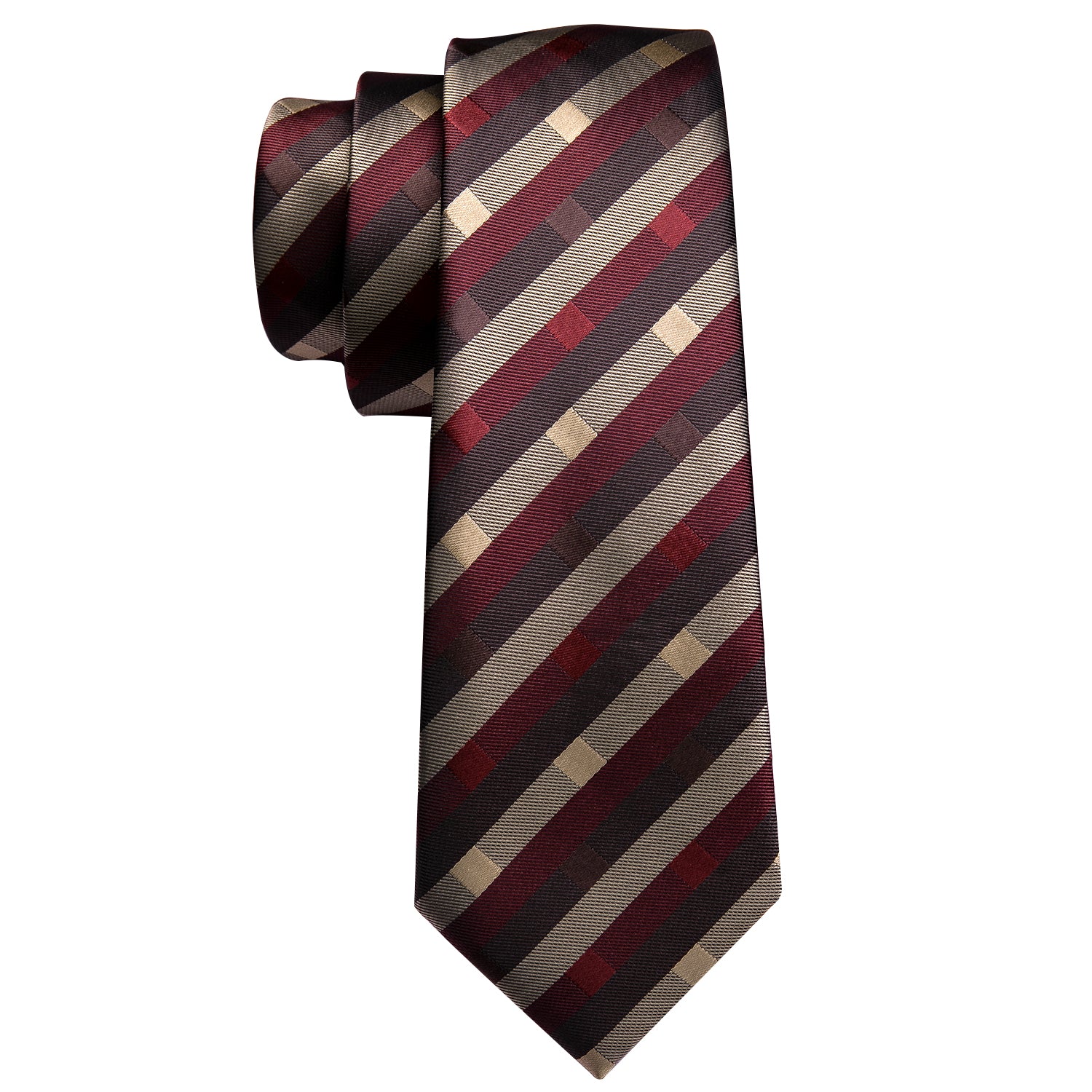 Brown Necktie Red Tan Striped Silk Tie Hanky Cufflinks Set