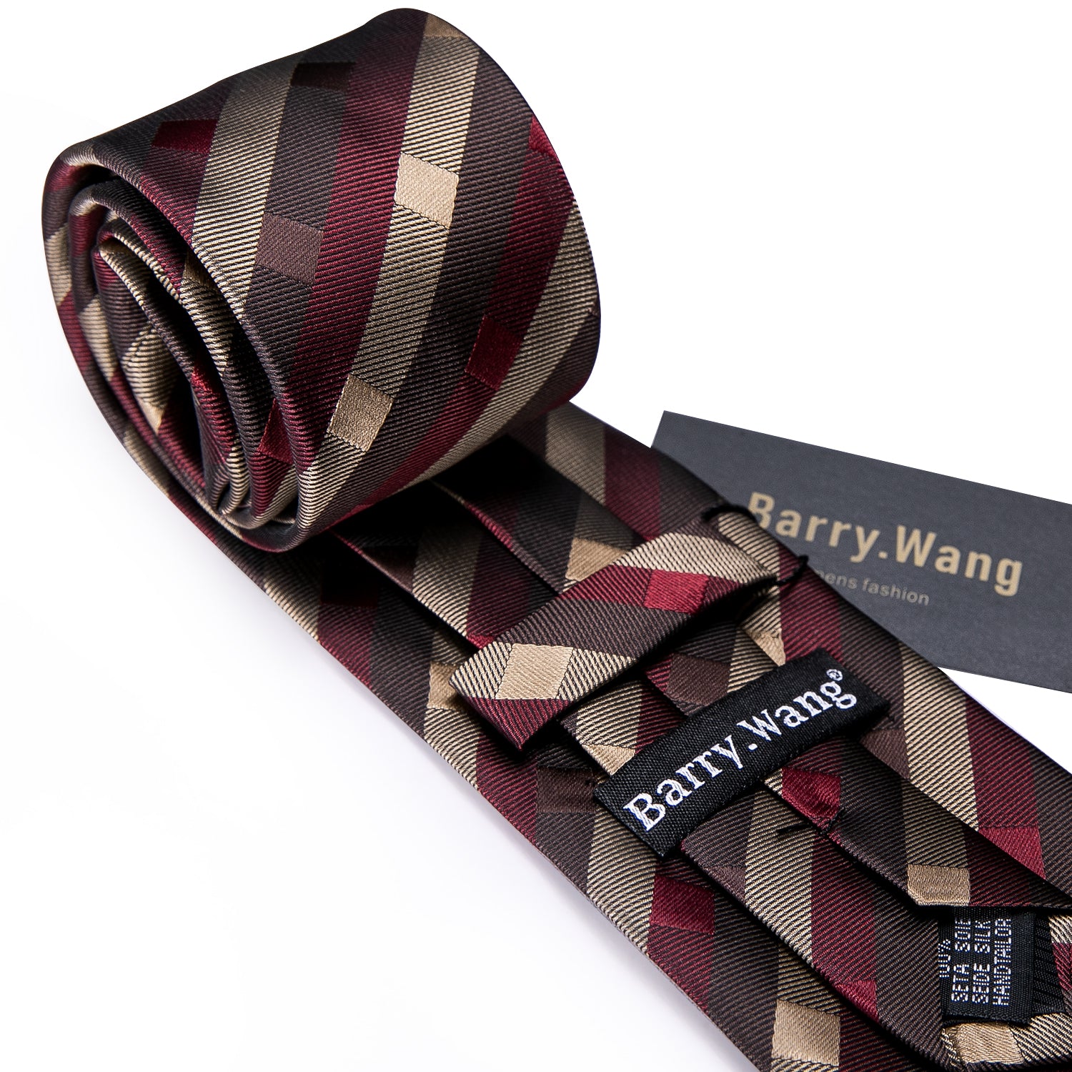 Brown Necktie Red Tan Striped Silk Tie Hanky Cufflinks Set