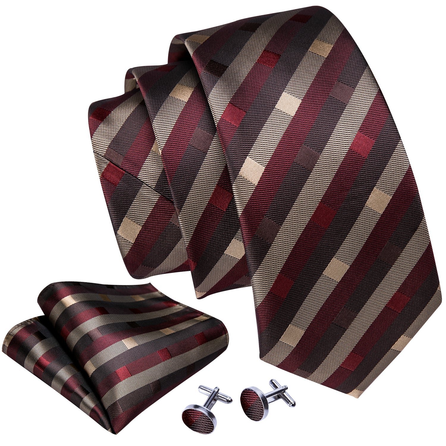 Brown Necktie Red Tan Striped Silk Tie Hanky Cufflinks Set