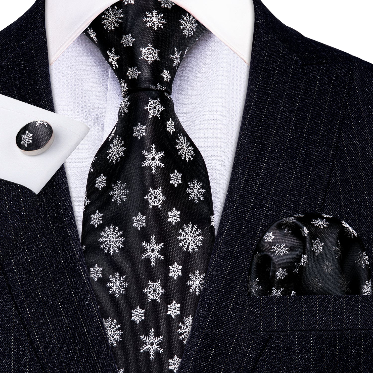 Christmas Black White Snowflake Silk Tie Hanky Cufflinks Set